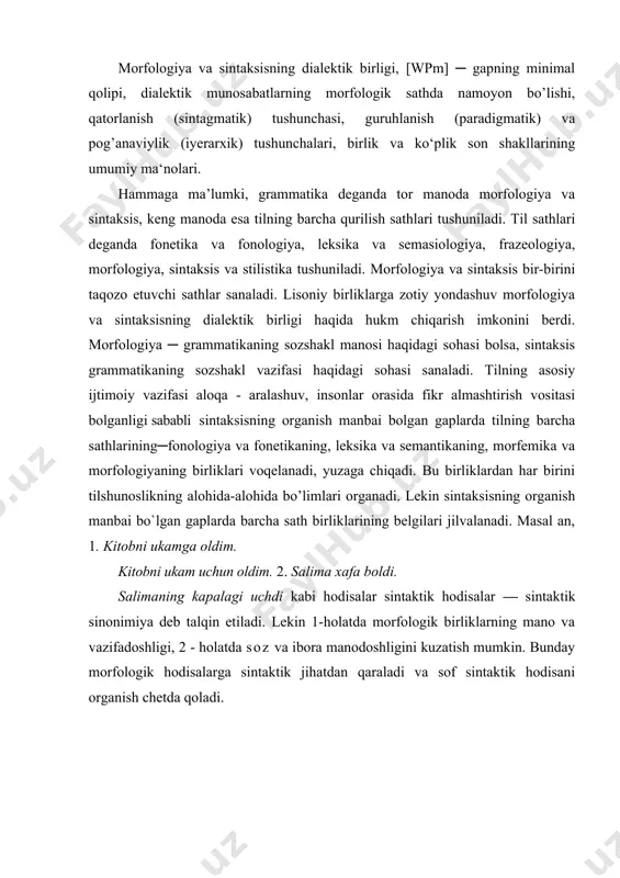 holatda soz va ibora manodoshligini kuzatish mumkin. bunday morfologik hodisalarga sintaktik jihatdan qaraladi va sof sintaktik hodisani organish chetda qoladi. kabi gaplar bog`langan qo`shma gaplar, ergashgan gaplar va ularning ko`rinishlari sifatida an`anaviy tilshunosligimizda o`rganilib kelinmoqda. agar diqqat bilan e`tibor bersak, bu misollarda turli xil gaplar (sintaktik hosilalar) -ni emas, balki turli bog`lovchi vositalar bilan shakllangan morfologik hodisalarni ─ bog`lovchilar paradigmasini ko`rish mumkin. bu yerda ham morfologik birliklarning sintaksisda "qorishilganini" sezish mumkin. "sintaksis boshqa sathlar (ayniqsa, leksika va morfologiya) birliklari tajallisidan xoli bo`lgach, behad soda va hammaga oson tushunarli qoliplarning o`zaro munosabat chizmalari shaklini oladi..." [2, 29- 30;]. jumladan, [wpm] sintaktik qolipi ham xuddi shunday keltirib chiqarilgan. buning uchun nutqdagi oddiy bir gapga murojaat qilamiz: (bu kunda) latofatning murg`akkina qalbiga shunday nogahoniy sevgi otash tashladi. bu nutq hosilasida barcha til sathlarining birliklari o`z ifodasini topgan. bu gapning sintaktik qurilishini aniqlash uchun, nutqdagi gapning nosintaktik kategoriyalar ko`rinishlarini birma-bir olib tashlaymiz: 1. intonatsion …