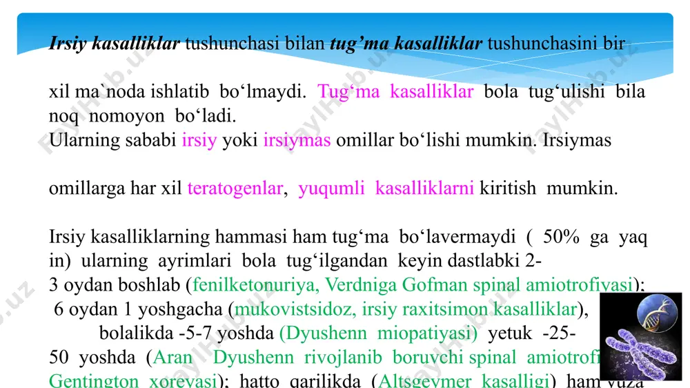 guruhlarga kiritilishi mumkin: agar avval terida dog‘lar yoki tugunchalar paydo bo‘lsa, neyrofibromatoz bilan kasallangan shaxs teri kasalliklari klinikasida, agar unda miya o‘smasi paydo bo‘lsa, neyroxirurgiya klinikasida davolanishi mumkin. shunday qilib, neyrofibromatoz irsiy kasalligi teri kasalliklari guruhiga ham, asab tizimi kasalliklari guruhiga ham kiritilishi mumkin. undan tashqari irsiy kasalliklarda bir varakayiga bir qancha tizimlarda o‘zgarishlar namoyon bo‘ladi. shuning uchun ham irsiy kasalliklarning genetik tasnifi qulaydir va asosan shu tasnifidandan foydalaniladi. metabolizm buzilishlari bilan namoyon bo‘ladigan irsiy kasalliklarni tasniflashda metabolizm birinchi bo‘g‘ini o‘zgarishlariga qarab amalga oshiriladi. bunday biokimyoviy tasniflashda uglevodlar, oqsillar, lipidlar, aminokislotalar, vitaminlar, purinlar, pirimidinlar, gormonlar va hakozolar almashinishi buzilishlari ajratiladi. irsiy kasalliklar patogenezi irsiyat tuzilmalarining qanday buzilganligiga bog‘liq. masalan, yirik xromosomalardagi buzilishlar kasallikning ontogenezda ertaroq yuzaga chiqishiga va og‘ir kechishiga sabab bo‘ladi. sindromning o‘ziga xos belgilari odatda xromosomaning kichik bo‘lagiga bog‘liq, yirik qismlar buzilishi esa o‘ziga xos bo‘lmagan belgilar yuzaga chiqishiga sabab bo‘ladi. odatda xromosoma kasalliklarining o‘ziga xosligi ko‘p tizimlar …