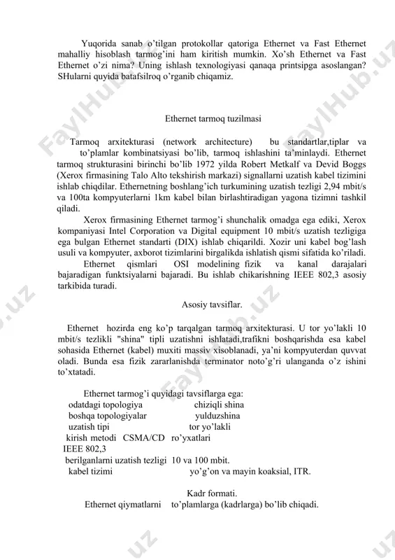 i bajaradi). aynan shu bosqichlarda tarmoq topologiyasi, uzatish tezligi, axborot almashishni boshqarish usuli va paket formati (o’lchami), tarmoq turiga to’g’ri taalluqli ko’rsakichlar aniqlanadi (ethernet, token­ring, fddi). yuqori bosqichlar to’g’ridan­to’g’ri biror aniq qurilma bilan ishlamaydi, vaholangki 3,4 va 5 bosqichlar qurilma xususiyatlarini hisobga olishlari mumkin. 6 va 7 bosqichlar umuman qurilmalarga hech qanday aloqasi yo’q. tarmoq qurilmalaridan birini boshqa birorta qurilma bilan o’zgartirganda ham ular buni hech vaqt sezmaydilar. 2­bosqich (kanal bosqichi) ikkita bosqich ostiga ajratiladi: yuqori bosqich osti (llc – logical link control, verxniy podurovenь) – bu bosqich osti mantiqiy ulashni amalga oshiradi, ya’ni virtual aloqa kanalini o’rnatadi ( uning vazifasini bir qismini tarmoq adapterlarining drayver dasturi bajaradi). quyi bosqich osti (mac – media access control, nijniy podurovenь) – bu bosqich osti aloqa uzatish muhiti (aloqa kanali) bilan to’g’ridan­to’g’ri ega bo’lishni amalga oshiradi. u tarmoq qurilmasi bilan to’g’ri bog’langan. osi modelidan tashqari, 1980­yili fevral oyida qabul qilingan (802 soni yil …