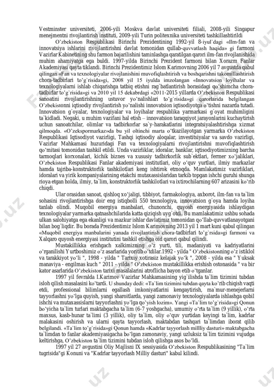 ayta tayorlash; *maktabdan tashqari ta`lim. milliy dasturda hayotimizning barcha sohalarida bosqichma-bosqich amalga oshirilayotgan reformalarni uch bosqichta amalga oshirish nazarda tutilgan. birinchi bosqich(1997-2001-yillar) ikkinchi bosqich(2001-2005) uchinchi bosqich (2005-va undan keyingi yillar) davlatimizda qobiliyatli yoshlarni izlap topish,ularga yordam berish, qullab-quvvatlash buyicha davlat siyosati olib borilmoqta.1997-yili tashkillashtirilgan «umid» fondi yullamasi bilan 1997-2001 yillarda 785 yigit qizlarimiz rivojlangan davlatlarning oliy uqish joylarida uqish uchun yuborildi.ulardan 519 uquvchilar tamomlab keldi.tashkentte 2002-yil iyul`da xalqaro vestminster universiteti, 2006-yili moskva davlat universiteti filiali, 2008-yili singapur menejmentni rivojlantirish instituti, 2009-yili turin politexnika universiteti tashkillashtirildi o’zbekiston respublikasi birinchi prezidentining 1992-yil 8-iyul`dagi «ilm-fan va innovatsiya ishlarini rivojlantirishni davlat tomonidan qullab-quvvatlash haqida» gi farmoni vazirlar kabinetining shu farmon bajarilishini taminlashga qaratilgan qarori ilm-fan rivojlanishida muhim ahamiyatga ega buldi. 1997-yilda birinchi prezident farmoni bilan xorazm fanlar akademiyasi qayta tiklandi. birinchi prezidentimiz islom karimovning 2006 yil 7 avgustda qabul qilingan «fan va texnologiyalar rivojlanishini muvofiqlashtirish va boshqarishni takomillashtirish chora-tadbirlari to’g`risida»gi, 2008 yil 15 iyulda …