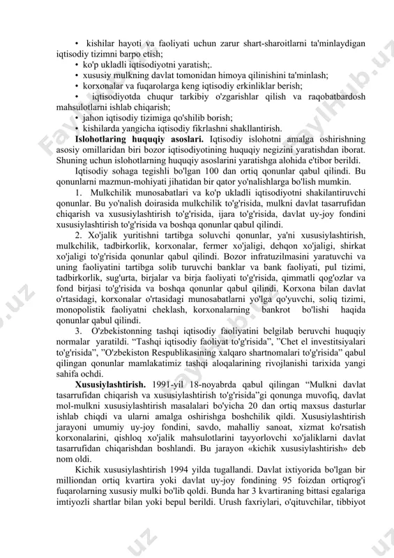 an iqtisodiyotga ega bo'lgan yarim mustamlaka mamlakat qatoriga aylangan edi" (karimov i.a. o'zbekiston xxi asrga intilmoqda. t.: "o'zbekiston", 1999, 6-bet). mustaqillik xalqimizni iqtisodiy zulm, mutelikdan ozod etdi, o'z yeri, yer osti boyliklari, suv, o'simlik va hayvonot dunyosi va boshqa tabiiy zahiralariga to’la egalik qilish huquqini berdi. barcha mulk, korxonalar o'zbekiston tasarrufiga olindi, mustaqil iqtisodiy siyosat yuritish, o'z iqtisodiy taraqqiyot yo'lini o'zi belgilash erkinligini qo'lga kiritdi. bozor iqtisodiyotiga o'tish yo'li. davlat mustaqilligi qo'lga kiritilgach, o'zbekiston umumbashariy, jahon sivilizatsiyasining katta yo'liga tushib oldi. o'zbekiston bozor munosabatlarini shakllantirishni, milliy an'analarga asoslangan o'z yo'lini tanlab oldi. o'zbekistonda bozor munosabatlariga o'tishning o'ziga xos yo'li ishlab chiqildi. bu yo'lning asosiy qoidalari birinchi prezidentimiz islom karimovning 1992-yil avgust oyida mustaqilligimizning bir yilligiga bag’ishlab yozilgan “o’zbekistonning o’z istiqlol va taraqqiyot yo’li” , 1993-yilda chop etilgan «o'zbekiston - bozor munosabatlariga o'tishning o'ziga xos yo'li» nomli asalarida hamda ma'ruza va nutqlarida asoslab berildi (besh tamoyil). bu yo'lga, birinchidan, xalqaro tajriba …