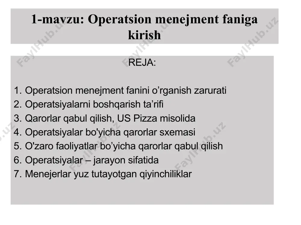 shi mumkin. process thinking (jarayonga yo’naltirilgan fikrlash) va lean thinking moliya va marketing kabi ko'plab boshqa sohalarda qo'llanilgan. operatsion menejment - qiziqarli va qiyin tadqiqot sohasi. operatsion menejment fanini o’rganish zarurati rejalashtirish tashkil qilish kadrlar bilan ta’minlash boshqarish nazarot qilish operatsion menejment fanini o’rganish zarurati asosiy faoliyat turlari : tashkilotlarga kamroq narsalar bilan ko'proq yordam berish samaradorlikni oshirish uchun zaruriy texnologiyalarni tadqiq etish mahsulotlar, xizmatlar va jarayonlar sifatini shakllantirish operatsion jadvallarni aniqlash yuqori samarali ish joyini yaratish tashkilotni global va atrof-muhit o'zgarishiga muttasil o’rgatish va moslashtirish operatsiyalarni boshqarish ta’rifi operatsiyalarni boshqarish bu kompaniya mahsulotlari va xizmatlarini ishlab chiqarish uchun zarur bo'lgan resurslarni rejalashtirish, muvofiqlashtirish va nazorat qilish uchun mas'ul bo'lgan biznes funktsiyasi operatsiyalarni boshqarish ta’rifi operatsiyalarni boshqarish bu: boshqarish funktsiyasi tashkilotning asosiy vazifasi xizmat ko'rsatadimi yoki ishlab chiqaradimi, foyda oladimi yoki foyda uchun emasmi har bir tashkilotda mavjud operatsion funktsiyasi odatda tashkilotdagi boshqa funktsiyalarga qaraganda ko'proq ishchilar va jismoniy aktivlarni …