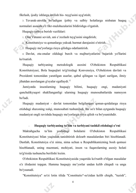rolarning asosiy holati to'g'risida tushuncha berilishi lozim. o'zbekiston respublikasi konstitutsiyasida yuqorida ko'rsatib o'tilgan masalalar o'z ifodasini topgan. hamma huquqiy me’yorlar undan kelib chiqadi va unga bo'ysunadi. "konstitutsiya" so'zi lotin tilida "constitutio"-so'zidan kelib chiqib, "tuzish”, "o'rnatish", "belgilash" degan ma’nolarni anglatadi. dastlab, qadimgi rimda jamiyatdagi ijtimoiy munosabatlar qonun asosida belgilangan bo'lib, u o'zining uzoq tarixiga ega. jahonda birinchi konstitutsiya 1787-yilda aqshda, 1831-yilda belgiyada, 1874-yilda shvetsariyada qabul qilingan. uning yaratilishi 1990-yilning iyun oyidan boshlangan bo'lib, bunda respublikamiz olimlari, oliy kengash deputatlari, butun o'zbek xalqi ishtirok etdi va xalq muhokamasidan o'tib 1992-yil 8-dekabrda qabul qilindi. o'zbekiston respublikasi konstitutsiyasi qabul qilingan kun umumxalq bayrami deb e'lon qilindi. qabul qilingan konstitutsiya mustaqil respublikamizning birinchi asosiy qonuni hisoblanadi. o'zbekiston respublikasi konstitutsiyasi - xalqning maqsadini, istagini, davlat suverenitetini, ijtimoiy va davlat tuzilishini, xalqaro munosabatlarni, inson va fuqarolarning huquqiy holatini, davlat organlarining vakolatlarini, saylov tizimi va boshqa muhim masalalarni o'z ichiga olgan. maktabgacha ta’lim yoshidagi bolalarni o'zbekiston respublikasi konstitutsiyasi …