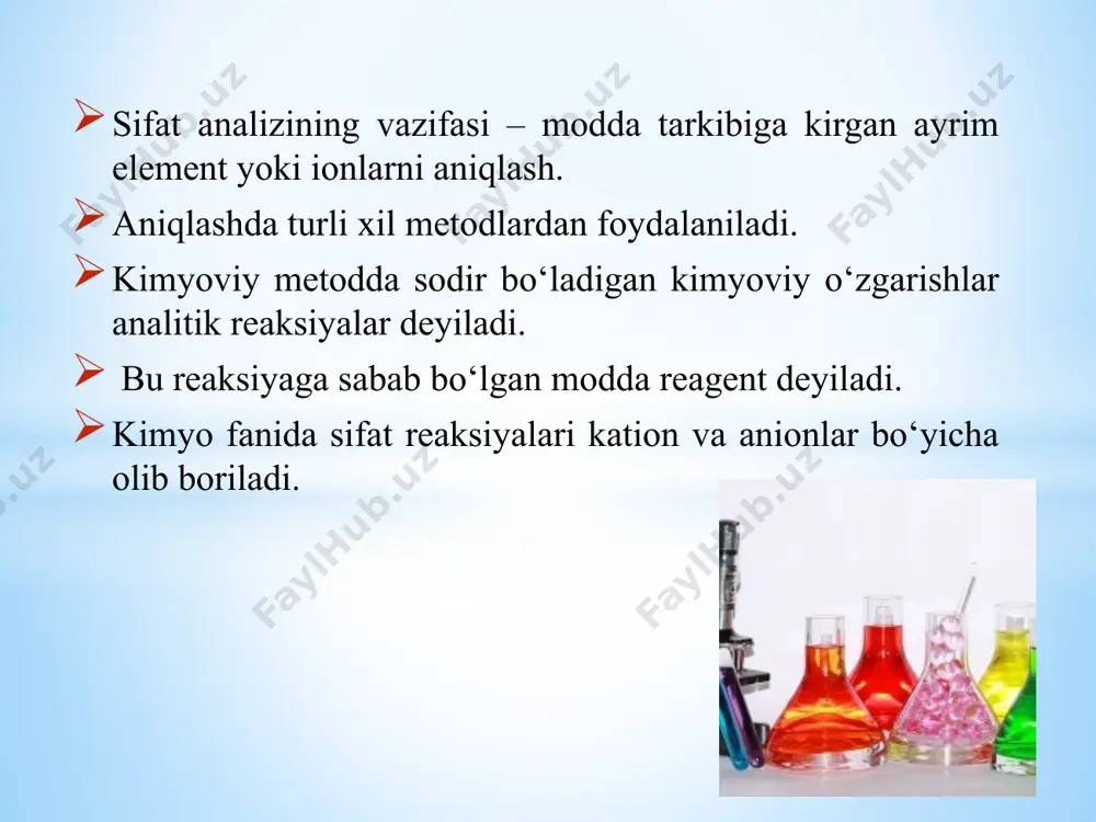 chi va uyqu chaqiruvchi vosita sifatida ishlatiladi. kationlar reaktivlar mahsulotlar nh4+ ammoniy kationi k2 [hgi4] va koh nh3↑ k+ kaliy kationi na3 [co(no2)6] va na2 pb[cu(no2)6 ] k2na[co(no2)6]↓ sariq cho`kma na+ natriy kationi k[sb(oh)6] va mg(uo2)3 (ch3 coo)8 namg(uo2)3(ch3coo)9x9h2o↓ko`kish sariq cho`kma ii guruh kationlari: ca2+; sr2+;ba2+ sifat reaksiyalarini aniqlash kalsiy kationining konsentrik eritmasi sulfat kislota bilan xarakterli kristall gips cho‘kmani hosil qiladi: ca2+ +so42- +2h2 o= caso4 • 2h2o↓ kalsiy kationi ammoniy oksalat bilan oq kristall cho‘kma hosil qiladi: ca2+ +2nh4+ +[fe(cn)6]4- = ca(nh4)2 [fe(cn)6]↓ stronsiy tuzi eritmasiga suyultirilgan sulfat kislota yoki eruvchan sulfatlar ta’sir ettirilsa, oq cho‘kma hosil bo‘ladi: sr2+ + so42- = srso4 9 bariy kationini aniqlash sifat reaksiyalari bariy ioni sulfat ionlari bilan oq kristall cho‘kma hosil qiladi: ba2+ + so4 = baso4 ↓ bariy kationi dixromat ioni bilan reaksiasida sariq cho‘kma hosil qiladi: 2ba+ + cr2 o72+ +2ch3coo- +h2o = 2bacro4↓+ 2ch3cooh uchuvchan bariy tuzlari alangani …