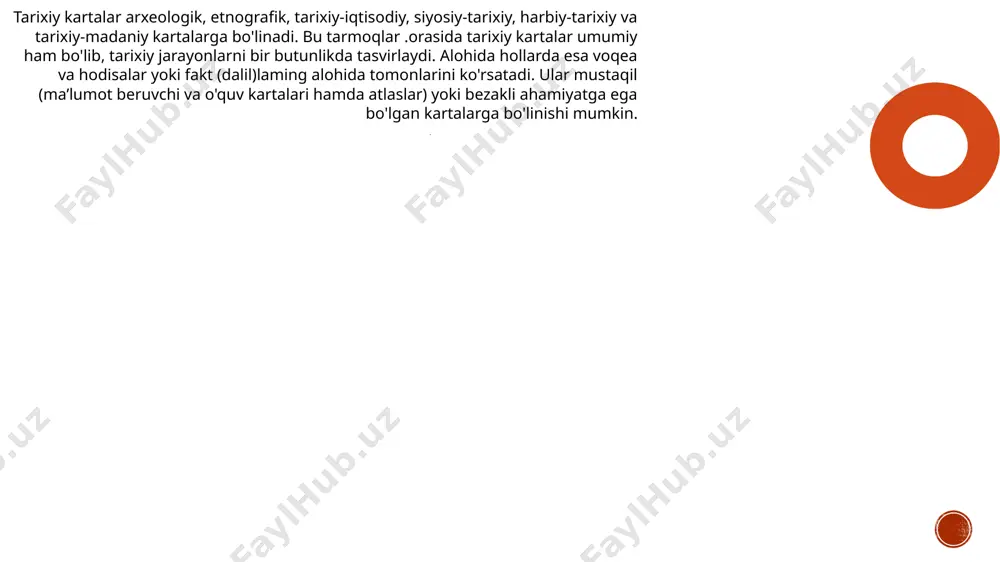 vjud edi. harbiy tarixiy voqealarga doir kartalar l.g.beskrovniyning „rus harbiy tarixiga oid karta va sxemalar atlasi“ (1946 yil), „zobit atlasi“ (1947 yil), „dengiz atlasi“ (3 jild, 1958 yil)da o'z aksini topgan. tarixiy kartalar keng ko‘lamda 1953-1956 yillarda chop etilgan ko‘p jildli „sssr tarixi lavhalari“, 1966-1971 yillardagi „qadimgi davrdan to hozirga qadar sssr tarixi“da, 1955-1969 yillardagi „jahon tarixi", ensiklopedik nashrlar va alohida tarixiy tadqiqotlarda berib borilgan o'rta va oliy o'quv muassasalari uchun ham ko'plab o'quv kartalari va atlaslar nashr etilgan. kartalarning qadimiyligi unga tarixiy manba ahamiyatini berib, manbashunoslik tahlili tamoyillarini qo'llashni talab etadi. shuningdek, mazkur manbalar turi alohida tadqiqot usullarini qo'llagan holda nafaqat tarixiy, balki umumiy geografik bilimlami ham egallagan bo'lishlikni taqozo qiladi. tarixiy kartalarni o'rganish va ulam i yaratish uslubiyatini ishlab chiqishni o'rganuvchi fan tarmog'i tarixiy kartografiya deb ataladi. e’tiboringiz uchun raxmat image4.png image3.png image7.png image10.png image11.png image2.png /docprops/thumbnail.jpeg