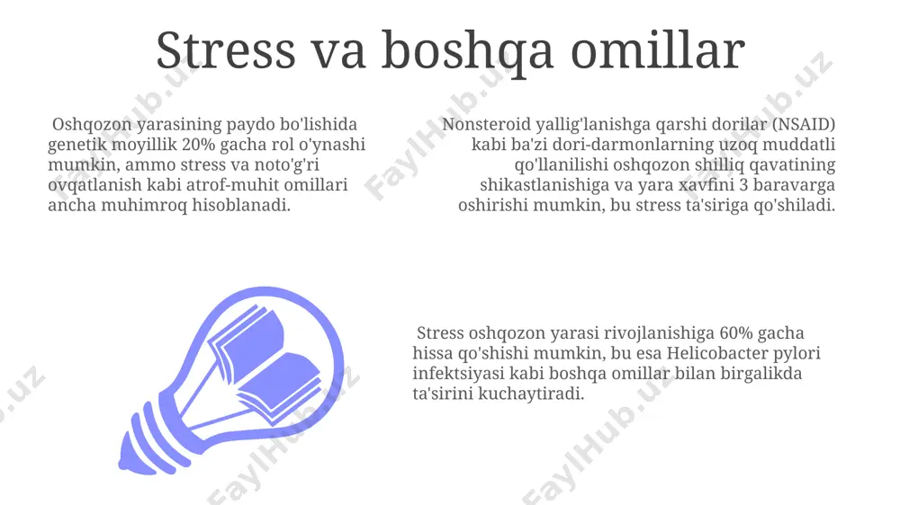 tashkil etadi va bir nechta antibiotiklarning kombinatsiyasi buyuriladi, chunki bu bakteriyalarni yo'q qilish ehtimolini oshiradi. klaritromitsin, amoksitsillin va metronidazol kabi antibiotiklar helicobacter pylori infeksiyasini davolashda keng qo'llaniladi, lekin ularning yon ta'siri ham mavjud. oshqozon yarasi davolashda ishlatiladigan antibiotiklarning 70-80% helicobacter pylori bakteriyalariga qarshi samarali bo'ladi, ammo ba'zi hollarda dori-darmonlarga chidamlilik kuzatiladi. turmush tarzini o'zgartirish chekishni tashlash yoki kamaytirish, kuniga 10 dan kam sigaret chekish, me'da shikastlanishini kamaytiradi va helicobacter pylori bakteriyalarining ta'sirini minimallashtiradi. kuniga kamida 30 daqiqa jismoniy faoliyat bilan shug'ullanish stress darajasini pasaytirib, me'da shilliq qavatining tiklanishiga yordam beradi va yaralarning davolanishini tezlashtiradi. o'tkir ovqatlar, gazli ichimliklar va kofein iste'molini kuniga 2-3 martadan kamroqqa kamaytirish, shuningdek, 8 soatlik uzluksiz uyqu me'da yarasi xavfini sezilarli darajada pasaytiradi. oshqozon yarasi diagnostikasi qon tahlillari, masalan, hb darajasi va crp darajasining o'zgarishi, shuningdek, h.pylori antitellariga testlar yordamida kasallikning og'irlik darajasini aniqlash mumkin. oshqozon yarasi diagnostikasida endoskopik tekshiruv (gastroskopiya) muhim ahamiyatga ega bo'lib, uning …