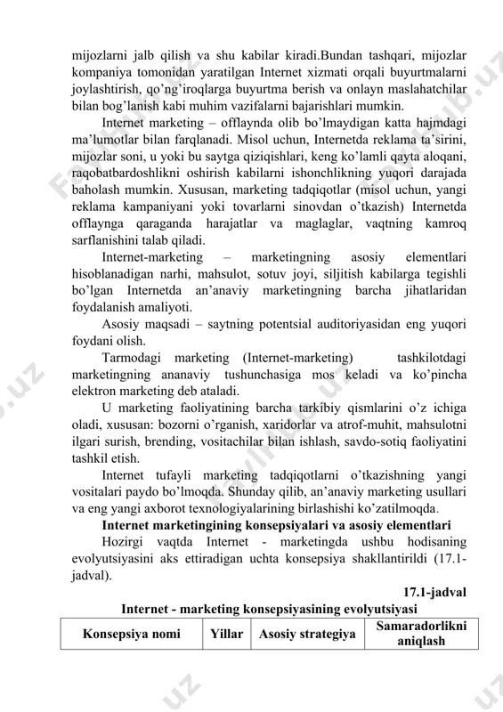 ga to’xtalib o’tamiz. birinchidan, marketing internetda yuqori darajada shaxsiylashtirishga ega. an’anaviy marketing ommaviy iste’molchiga qaratilgan bo’lsada, internet har kimning fikrini hisobga oladi (ma’lum darajada) va hamma bilan o’zaro munosabatda bo’ladi.boshqacha aytganda, internetda (siljitish) reklama yagona mijozlarni jalb qilishga qaratilgan.shaxsiy ma’lumotlarning mavjudligi shuningdek reklama kampaniyalarida aniq targetinga (butun auditoriyadan belgilangan mezonlarga javob beradigan qismni ajratib ko’rsatish) imkon beradi. ikkinchidan, internet-marketing interfaollik bilan tavsiflanadi: mijozlar ko’plab biznes jarayonlarda faol ishtirok etadilar. bunga so’rovlarda qatnashish, kompaniyaning obro’sini oshirish, yangi mijozlarni jalb qilish va shu kabilar kiradi.bundan tashqari, mijozlar kompaniya tomonidan yaratilgan internet xizmati orqali buyurtmalarni joylashtirish, qo’ng’iroqlarga buyurtma berish va onlayn maslahatchilar bilan bog’lanish kabi muhim vazifalarni bajarishlari mumkin. internet marketing – offlaynda olib bo’lmaydigan katta hajmdagi ma’lumotlar bilan farqlanadi. misol uchun, internetda reklama ta’sirini, mijozlar soni, u yoki bu saytga qiziqishlari, keng ko’lamli qayta aloqani, raqobatbardoshlikni oshirish kabilarni ishonchlikning yuqori darajada baholash mumkin. xususan, marketing tadqiqotlar (misol uchun, yangi reklama kampaniyani yoki …