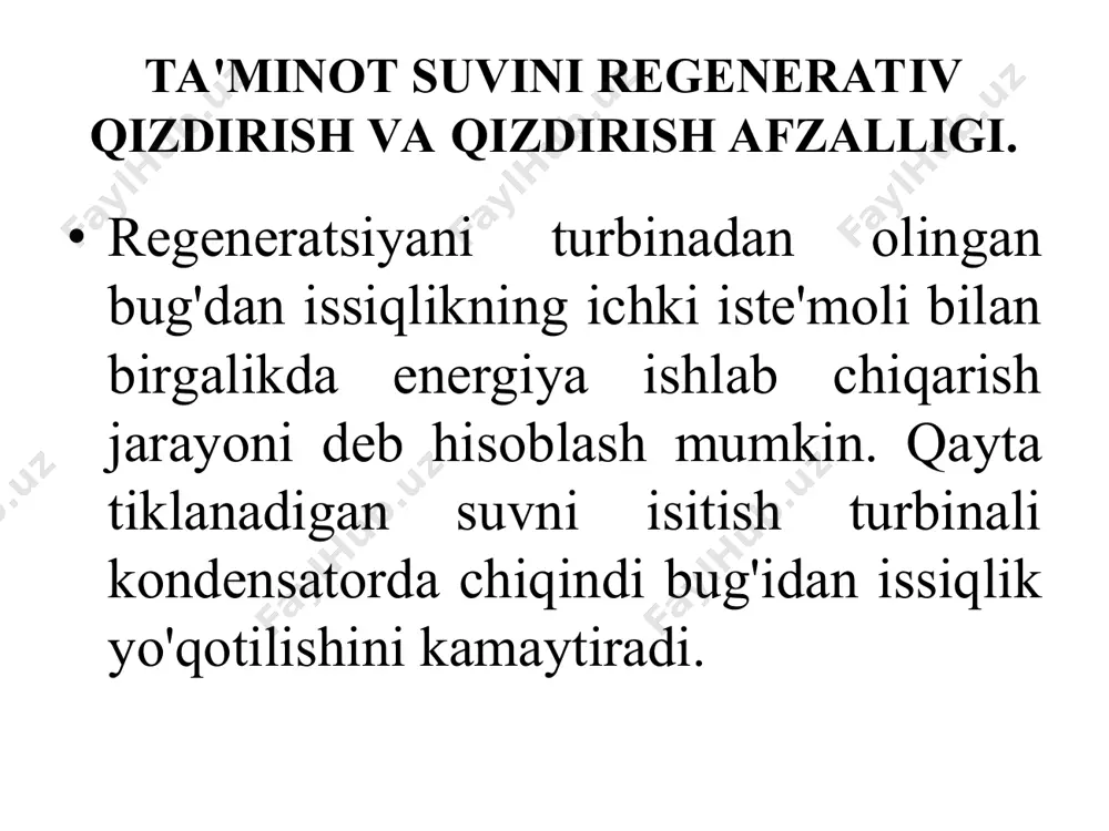 qlik diagrammasi shaklda ko'rsatilgan qayta tiklanadigan suv isitish bilan iem sxemasi (bir bosqichli isitish) qurilmalarni ishlatish sxemalari zamonaviy ieslarda asosan sirt (qobiq va quvur) isitgichlar (ybq, pbq) ishlatiladi. qayta tiklanadigan ozuqa suvi isitish tizimidagi qurilmalar soni va ularning stuning issiqlik sxemasida o'rni bo'yicha aniq qarorlar texnik va iqtisodiy hisob-kitoblar asosida qabul qilinadi. qurilmalarni ishlatish sxemalari ies issiqlik sxemasini ishlab chiqish va uning uchun qurilmalarni tanlashda hal qilinishi kerak bo'lgan bir qator fundamental masalalarga to'xtalib o'tamiz. ushbu masalalardan biri - sirt isitgichlaridan drenajni (isitish bug 'kondensatini) to'kish sxemasini tanlash va asoslash. kaskadli tushirish paytida bug'ning quyi tanlovdan "issiq" drenaj bilan siljishini kamaytirish va qurilmalarning issiqlik samaradorligini biroz oshirish uchun odatda asosan qurilgan kondensat (drenaj) sovutgichlari - ks (3.9-rasm) kursatilgan. isitgich tanasiga. kondensat sovutgichining (ks) chiqishidagi drenaj harorati apparatga kirish joyidagi asosiy kondensat (oziq suv) haroratidan texnik va iqtisodiy ko'rsatkichlar asosida aniqlanadigan ma'lum dt qiymatiga yuqori. hisob-kitoblar. kondensat sovutgichidagi sovutish muhiti (ks) …