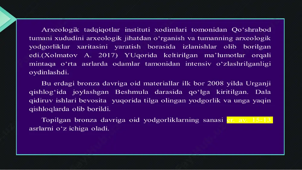 rusho., shigeo aoki., kazuki sugimoto., nodoka inutaka., yoichi inoue., chikara inoue., улмасов а., шерназаров ш. археология устахонаси 2011. т. 2011 neustupny e. archaeological method. cambridge university press.2009 абдуразаков а.а., камбаров м.к. реставрация настенных росписей афрасиаба. т., 1975. алексеева о.е., саввониди н.ф. иллюстрированный англо-русский-руссо-английский историко-археологический словарь. санкт-петербург. 1993. djvu археологические исследования в зонах мелиорации, итоги и перспективы их интенсификации. – л., 1985. басс дж. подводная археология. древние народы и страны. – м., 2003. басс джордж. подводная археология. древние народы и страны. м.: зао центрополиграф. 2003. воробьева г.а., бердникова н.е. картография для археологов. учебное пособие. иркутск. 2007. герасимова н.г., ногид и.л., молчанов в.с. очистка и сохранение стеклянных предметов в музеях (из опыта государственного эрмитажа) //художественное наследие (хранение, исследование, реставрация). м., 1975, №1 (31). logo thank you e'tiboringiz uchun rahmat image1.png image2.png image3.png image4.png image5.jpeg image6.jpeg image7.jpeg image8.png image9.jpeg image10.jpeg image11.jpeg image12.jpeg image13.jpeg image14.jpeg image15.png image16.png
