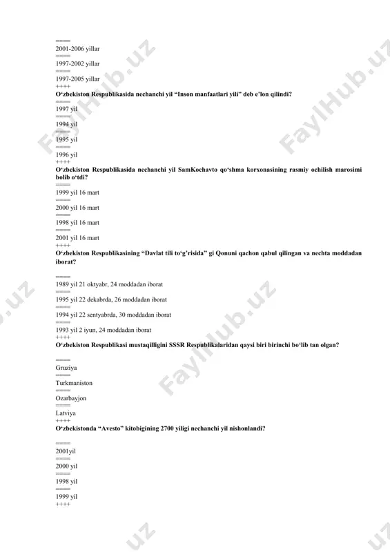 yanvar ==== 2010 yil 1 yanvar ==== 2005 yil 1 yanvar ++++ ombudsman so‘zi qaysi tildan olingan? ==== shvedcha ==== fransuzcha ==== inglizcha ==== italyancha ++++ renessans davrining yillarini toping? ==== #ix-xii asrlar ==== x-xx asrlar ==== iv-x asrlar ==== vi-xi asrlar ++++ jadidchilik harakatining asoschisi kim hisoblanadi? ==== #ismoilbek gasprinskiy ==== mahmudxo‘ja behbudiy ==== munavvarqori abdurashidxonov ==== abdulla avloniy ++++ o‘zbekiston respublikasi prezidentining “o‘zbekiston respublikasini yanada rivojlantirish bo‘yicha harakatlar strategiyasi to‘g‘risida” gi pf-4947-son farmoni qabul qilingan sanani aniqlang? ==== #2017 yil 7 fevral ==== 2017 yil 17 yanvar ==== 2016 yil 8 dekabr ==== 2016 yil 4 dekabr ++++ o‘zbekiston respublikasini 2017 — 2021 yillarda o‘zbekiston respublikasini rivojlantirishning beshta ustuvor yo‘nalishi bo‘yicha harakatlar strategiyasining birinchi ustuvor yo‘nalishini aniqlang? ==== #davlat va jamiyat qurilishi tizimini takomillashtirishning ustuvor yo‘nalishi ==== qonun ustuvorligini ta’minlash va sud-huquq tizimini yanada isloh qilishning ustuvor yo‘nalishi ==== iqtisodiyotni rivojlantirish va liberallashtirishning ustuvor yo‘nalishi ==== ijtimoiy sohani …