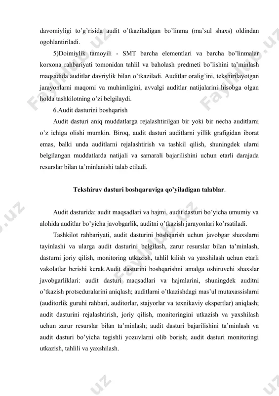 a joriy qilish bosqichida ichki audit xizmatini tashkil qilishni ko’zda tutish maqsadga muvofiqdir. ichki audit xizmati amaliy ish tajribasiga ega va maxsus o’qishdan o’tgan mutaxassislar bilan ta’minlanishi kerak. bunda ushbu xizmat xodimlarining funksiyalari, javobgarligi va vakolatlari ichki audit bo’yicha protsedura va lavozim yo’riqnomalarida belgilanadi. 6.1 auditlarni rejalashtirish. rejalashtirish bosqichida, audit dasturini boshqarish uchun javobgar shaxslar, audit dasturi maqsad va hajmlarini, shuningdek dastur bo’yicha javobgarlik, resurslar va protseduralarni aniqlaydilar. audit dasturini maqsadlari - bu ma’lum bir aniq auditni emas, balki korxonada utkaziladigan umuman auditlarning maqsadlaridir. ichki audit uchun audit dasturini maqsadlari, masalan: «sifat tizimini standart (qonun xujjatlari)ga muvofiqligini aniqlash» yoki «faoliyatni yaxshilash mumkin bo’lgan sohalarni aniqlash» bo’lishi mumkin. audit dasturini hajmi - bu qaysi jarayonlar va bo’linmalar qachon tekshirilishi kerakligidir. audit dasturini hajmi tashkilot jarayonlarini o’lchami, tipi va murakkabligiga bog’liq bo’ladi. tekshirishlarni kalendar asosida rejalashtirish mumkin, bunda ma’lum jarayonlar va bo’linmalar belgilangan vaqt oraliqlarida tekshiriladi. davriy tekshirishlardan tashqari qo’shimcha tekshirishlarni o’tkazish …