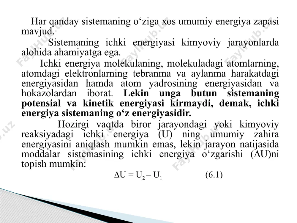 bilan sodir bo‘ladigan endotermik reaksiyalar uchun н musbat ishoraga ega bo‘lib, н > о bo‘ladi. masalan: сасоз = сао + со2 н = +158,з кж endotermik reaksiyalar issiqlik chiqishi bilan sodir bo‘ladigan ekzotermik reaksiyalarda esa н manfiy ishora bilan yoziladi, н < о bo‘ladi. masalan: сн4+2о2= со2 + 2н2о, н = -875,4 кж ekzotermik reaksiyalar demak, entalpiyaning o‘zgarishi bosim doimiy bo‘lganda sistemaga beriladigan yoki ajralib chiqadigan issiqlik miqdorini bildiradigan termodinamik funksiyadir. kimyoviy reaksiyalarda ishtirok etuvchi moddalarning xossalari o‘zgaribgina qolmay, balki sistemaning energiyasi o‘zgarishi natijasida issiqlik ajralib chiqadi yoki yutiladi. kimyoviy reaksiyalar natijasida ajralib chiqadigan yoki yutiladigan issiqlik miqdori ko’rsatilib yoziladigan kimyoviy tenglamalarga termokimyoviy tenglamalar deyiladi. termokimyoviy tenglamalar massa va energiyaning saqlanish qonuniga rioya qilib tuziladi. reaksiya natijasida ajralib chiqadigan yoki yutiladigan issiqlik miqdori joul yoki kj larda ifodalanadi. (1 kkal = 4,18 kj). kimyoviy reaksiyalar vaqtida ajralib chiqqan yoki yutilgan issiqlik miqdori reaksiyaning issiqlik effekti deyiladi va нр bilan belgilanadi. …