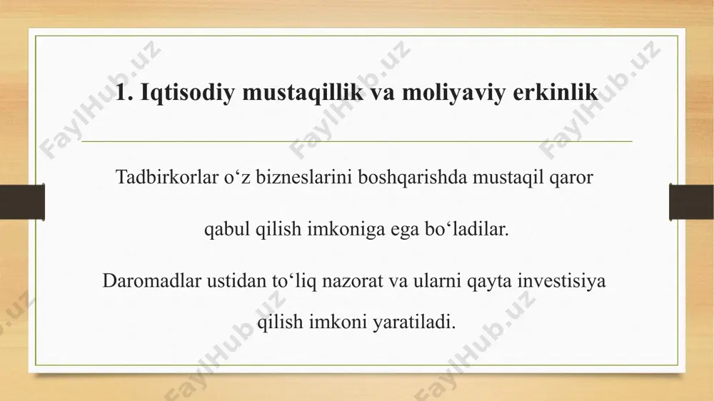 akatlardan mahsulotlar import qilib, mahalliy bozorga etkazib berish. xususiy korxona ochishda muvaffaqiyatga erishish uchun quyidagi asosiy omillarni inobatga olish muhim: biznes rejasini tuzish: faoliyatni boshlashdan oldin yaxshi biznes rejasini tuzish. moliyaviy resurslar: startap kapitali va mablag'larni to'g'ri boshqarish. marketing va reklama: mahsulot yoki xizmatni targ'ib qilish. bozorni o'rganish: raqobatchilarni va bozorni tahlil qilish. xususiy tadbirkorlik, kichik biznesni jadal rivojlantirish asosida mulkdorlar sinfini shakllantirish, tegishli institutlar tizimini tashkil etish, kichik va xususiy tadbirkorlik faoliyati sohasiga kredit resurslarini keng jalb qilish va xorijiy sarmoyalar olib kirish uchun maqbul sharoit yaratish maqsadida o`zbekiston respublikasi prezidentining 1998 yil 9 apreldagi «xususiy tadbirkorlik, kichik va o`rta biznesni rivojlantirishni yanada rag`batlantirish chora-tadbirlari to`g`risida»gi farmoniga o`zgartirish va qo`shimchalar kiritish haqida»gi o`zbekiston respublikasi prezidentining 2003 yil 30 avgustda pf3305-sonli farmoni qabul qilindi. kichik korxonalar yirik kompaniyalarga nisbatan ular bozor sharoitiga tez moslashadilar hamda ishlab chiqargan mahsulotlarini bozorda muvaffaqiyatli o`tishini ta`minlashda bir qancha ustunliklarga ega. chunki, kichik korxonalar o`z …