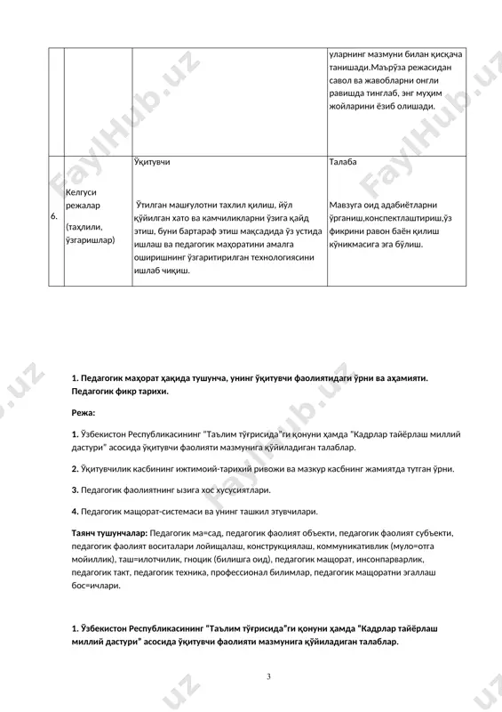 и. жамиятимиз талаб этаётган ҳар томонлама етўқ, комил инсонни тарбиялашда ўқитувчининг ўрни беқиёсдир. президентимиз ўзининг қатор нутқлари ва асарларида таълим-тарбия масалаларига тўхталганда, ўқитувчини эътибордан четда қолдирмайди. и.а.каримов олий мажлис ix сессиясида сўзлаган «баркамол авлод ўзбекистон тараққиётининг пойдевори» мавзуидаги нутқида, жамиятимизда таълим бериш тизими, янгиланиш жараёни талаблари билан яқиндан боғланмаганлиги сабабларидан бири ўқитувчига бориб тақалишини айтиб ўтади: «тарбиячиларнинг ўзига замонавий таълим бериш уларнинг маълумотини, малакасини ошириш каби пайсалга солиб бўлмайдиган долзарб масалага дуч келмоқдамиз». бизнинг фикримизча, таълим-тарбия тизимини ўзгартиришдаги асосий муаммо ҳам мана шу ерда. ўқитувчи болаларимизга замонавий билим берсин, деб талаб қиламиз, аммо замонавий билим бериш учун, аввало, мураббийнинг ўзи ана шундай билимга эга бўлиши керак. бундан кўринадики, ўқитувчи аввало замонавий билим билан қуролланган бўлиши лозим. эски таълим тизимининг яна бир қусури, бошланғич таълимга иккинчи даражали иш деб қараёттанлигимиздадир, — дейди президентимиз: «очиқ айтишимиз керак: билими саёз муаллимлар биринчи синфда дарс бераверади». бошланғич таълимга паст назар билан қаралишининг исботи шўқи, …