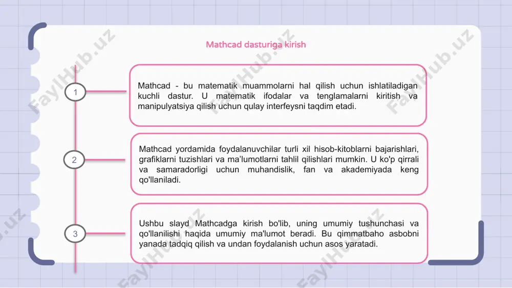 dalanuvchilar tenglamalarni osonlikcha yechishlari, hisob-kitoblarni bajarishlari va ma’lumotlarni ingl. bu matematik muammolar va tahlillar bilan ishlaydigan har bir kishi uchun zarur bo'lgan ko'p qirrali vositadir. 1 2 3 mathcadda ramziy hisoblash mathcad ramziy hisoblash uchun kuchli vosita bo'lib, foydalanuvchilarga matematik tahlil va muammolarni hal qilish uchun keng qamrovli platformani taqdim etadi. u matematik ifodalarni belgilar va tenglamalar yordamida manipulyatsiya qilish imkonini beradi va foydalanuvchilarga murakkab hisob-kitoblarni osonlik bilan bajarish imkonini beradi. mathcad yordamida foydalanuvchilar matematik tushunchalarni chuqurroq tushunishlari va ramziy hisoblashni talab qiladigan muammolarni samarali hal qilishlari mumkin. mathcad dastur misollari mathcad foydalanuvchilarga matematik hisob-kitoblarni amalga oshirish, ma'lumotlarni tahlil qilish va interaktiv hujjatlarni yaratish imkonini beruvchi kuchli dasturdir. mathcad yordamida foydalanuvchilar murakkab tenglamalarni yechishlari, grafiklarni tuzishlari va o‘z natijalarini hamkasblari bilan baham ko‘rishlari mumkin, bu esa uni muhandislar va olimlar uchun muhim vositaga aylantiradi. mathcad ning amaliy misollari mexanik tizimlarni modellashtirish, elektr zanjirlarini tahlil qilish va kimyoviy jarayonlarni simulyatsiya qilish, …