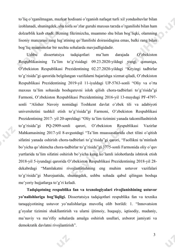 ri, o’zbekiston respublikasi vazirlar mahkamasining 2017-yil 8-avgustdagi “ta’lim muassasalarida chet tilini o’qitish sifatini yanada oshirish chora-tadbirlari to’g’risida”gi qarori, “faollikni ta’minlash bo’yicha qo’shimcha chora-tadbirlar to’g’risida”gi 3775-sonli farmonida oliy o’quv yurtlarida ta’lim sifatini oshirish bo’yicha keng ko’lamli islohotlarda ishtirok etish 2018-yil 5-iyundagi qarorida o’zbekiston respublikasi prezidentining 2018-yil 28-dekabrdagi “mamlakatni rivojlantirishning eng muhim ustuvor vazifalari to’g’risida”gi murojaatida, shuningdek, ushbu sohada qabul qilingan boshqa me’yoriy hujjatlarga to’g’ri keladi. tadqiqotning respublika fan va texnologiyalari rivojlanishining ustuvor yo’nalishlariga bog’liqligi. dissertatsiya tadqiqotlari respublika fan va texnika taraqqiyotining ustuvor yo’nalishlariga muvofiq olib borildi: 1. “innovatsion g’oyalar tizimini shakllantirish va ularni ijtimoiy, huquqiy, iqtisodiy, madaniy, ma’naviy va ma’rifiy sohalarda amalga oshirish usullari, axborot jamiyati va demokratik davlatni rivojlantirish”. muammoning o’rganilganlik darajasi. so’nggi yillarda lingvokulturologiya sohasida juda ko’p tadqiqotlar paydo bo’lib bormoqda, chunki mentalitet, til va madaniyat munosabatlari dunyodagi eng dolzarb lingvistik muammolardan biri hisoblanadi, shuning uchun g.b. palmer, g. morain madaniy tilshunoslik nazariyasi va uni madaniyatlararo tushunish masalalarini ko’rib …