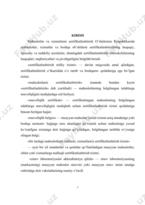 spert-auditor» — qonun hujjatlarida belgilangan tartibda akkreditatsiya qilingan, sertifikatlashtirish, akkreditatsiya qilish va tekshirish sohasidagi ishlarni olib borish uchun tegishli malakasi bo’lgan mutaxassis; «sertifikatlashtirish sohasidagi tekshiruv organi» — belgilangan tartibda akkreditatsiya qilingan, sertifikatlangan mahsulot va sifatni boshqarish tizimini baholashni sertifikatlashtirish organlari topshirig’iga binoan amalga oshiruvchi organ; «nazorat yo’sinidagi tekshiruv» — belgilangan talablarga muvofiqligini sertifikatlashtirish va akkreditatsiya qilish chog’ida tasdiqlash maqsadida sertifikatlangan mahsulot, sifatni boshqarish tizimini yoki ishlab chiqarishni, sertifikatlashtirish organlari, sinov laboratoriyalari (markazlari) faoliyatini takroriy baholash taomili. 1. xizmatlarni sertifikatlashtirish tartibi. xizmatlarni sertifikatlashtirish sxemasi. xizmatlarni boxolash usullari. sertifikatlashtirishning maqsad va vazifalari. sertifikatlashtirish: odamlarning hayoti, sog’lig’i, yuridik va jismoniy shaxslarning mol-mulki hamda atrof muhit uchun xavfli bo’lgan mahsulotlar realizatsiya qilinishini nazorat etib borish; mahsulotlarning jahon bozorida raqobat qila olishini ta’minlash; mamlakat korxonalari, qo’shma korxonalar va tadbirkorlar xalqaro miqyosdagi iqtisodiy, ilmiy-texnikaviy hamkorlikda va xalqaro savdo-sotiqda ishtirok etishlari uchun sharoit yaratish; iste’molchini tayyorlovchining (sotuvchining, ijrochining) vijdonsizligidan himoya qilish; mahsulot tayyorlovchisi (sotuvchisi, ijrochisi) ta’kidlagan sifat …