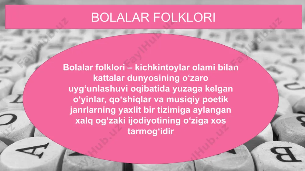 ol, otang o‘ldi, onang o‘ldi, borib xabar olmaysanmi? beshiktervat, beshiktervat, salima xolam nima tug‘adi? masxaralamalar. tegishmachoqlar ham, masxaralamalar ham shovqin solib aytilishlariga ko‘ra o‘zaro o‘xshasalar-da, birinchisi – bevosita obyektga qaratilgan bo‘lib, ko‘pchilik tomonidan ijro etilsa, ikkinchisi – ayni ijro jarayonida obyektga qaratilgan bo‘ladi yomg‘ir yog‘aloq, echki sog‘aloq. boylar bolasi – qorni dumaloq. “yomg‘ir yog‘ishi”– “boylar bolasi” “echkiday sog‘ayotgan” davrning tarixiy ruhiga muvofiq yovuzlar qiyofasini konkret an’anaviy ifodalarda fosh etadi otam ketgan urushga, dushmanni ko‘p qirishga. boshi uzun, ko‘zi ko‘r gitlerni o‘ldirishga. alla “olloh” bosh orqasi (ensa) “aldamoq” alla bulbul qushning bolasi, alla, qo‘zim-o, alla. daraxtda bo‘lar uyasi, alla, bolam-o, alla. daraxt boshini sel olsa, alla, qo‘zim-o, alla. shaydolar bo‘lar onasi, alla, bolam-o, alla. abu ali ibn sino allaning xususiyatini ming yil ilgariyoq payqab, shunday e’tirof etgan: “...bolaning mijozini kuchaytirmoq uchun unga ikki narsani qo‘llamoq kerak: biri, bolani sekin-asta tebratish, ikkinchisi, uni uxlatish uchun aytish odat bo‘lib qolgan musiqa va allalashdir. …