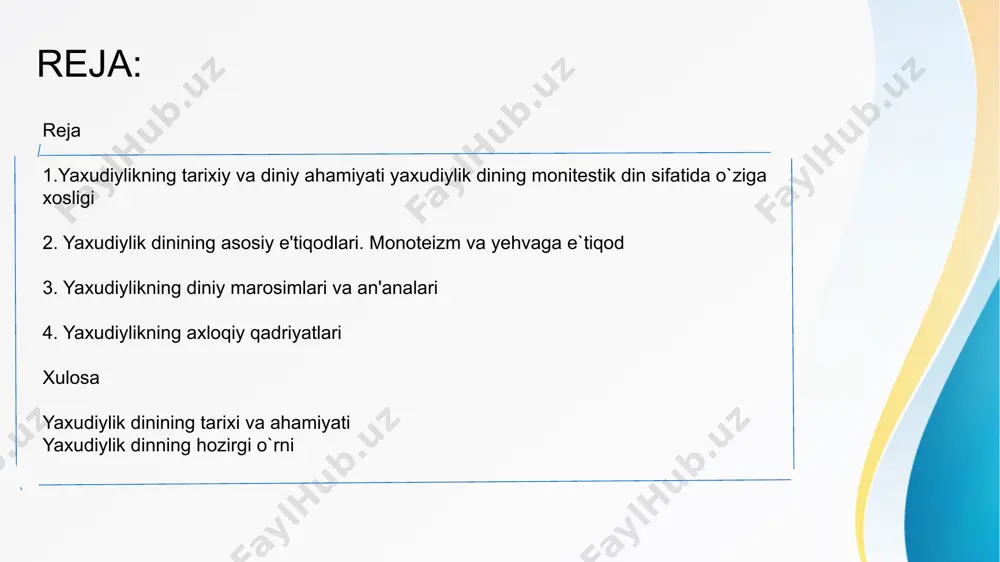 _rels/slide9.xml.rels ppt/slides/_rels/slide10.xml.rels ppt/slides/_rels/slide11.xml.rels ppt/slides/_rels/slide12.xml.rels ppt/slides/_rels/slide13.xml.rels ppt/slides/_rels/slide14.xml.rels ppt/slides/_rels/slide15.xml.rels ppt/slides/_rels/slide16.xml.rels ppt/slides/_rels/slide17.xml.rels ppt/slides/_rels/slide18.xml.rels ppt/slides/_rels/slide19.xml.rels ppt/slides/_rels/slide20.xml.rels ppt/notesmasters/_rels/notesmaster1.xml.rels ppt/slidelayouts/_rels/slidelayout1.xml.rels ppt/slidelayouts/_rels/slidelayout2.xml.rels ppt/slidelayouts/_rels/slidelayout3.xml.rels ppt/slidelayouts/_rels/slidelayout4.xml.rels ppt/slidelayouts/_rels/slidelayout5.xml.rels ppt/slidelayouts/_rels/slidelayout6.xml.rels ppt/slidelayouts/_rels/slidelayout7.xml.rels ppt/slidelayouts/_rels/slidelayout8.xml.rels ppt/slidelayouts/_rels/slidelayout9.xml.rels ppt/slidelayouts/_rels/slidelayout10.xml.rels ppt/slidelayouts/_rels/slidelayout11.xml.rels ppt/notesslides/_rels/notesslide1.xml.rels [content_types].xml click to edit master title style click to edit master text styles second level third level fourth level fifth level 21.07.2025 ‹#› yaxudiylik dinning paydo bo`lishi reja: reja 1.yaxudiylikning tarixiy va diniy ahamiyati yaxudiylik dining monitestik din sifatida o`ziga xosligi 2. yaxudiylik dinining asosiy e'tiqodlari. monoteizm va yehvaga e`tiqod 3. yaxudiylikning diniy marosimlari va an'analari 4. yaxudiylikning axloqiy qadriyatlari xulosa yaxudiylik dinining tarixi va ahamiyati yaxudiylik dinning hozirgi o`rni yaxudiylik dinning paydo bo`lishi yaxudiylikning tarixi miloddan avvalgi 2000-1500 yillarga borib taqaladi . u o‘sha davrdagi ibrohim payg‘ambar va uning avlodlarining e’tiqodlariga asoslanadi . yaxudiylik , monoteizmning ilk shakllaridan biri bo‘lib , faqat bir xudoga ibodat qilishni ta'kidlaydi . bu dinning rivojlanishi qadimgi isroil va yahuda davlatlari bilan bog‘liq . boshqa xalqlar va madaniyatlar bilan …