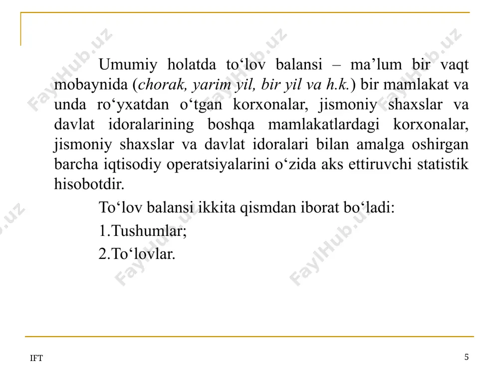 an beriladigan mablag‘lar, to‘lovlar ham qo‘shiladi. ularni ikki ko‘rinishga bo‘lish mumkin, ya’ni davlat operatsiyalari va shaxsiy maqsadlar uchun bir tomonlama o‘tkazmalar. davlat operatsiyalari bilan bog‘liq bir tomonlama o‘tkazmalarga bir mamlakatning boshqa bir mamlakatga iqtisodiy yordam tariqasida bergan subsidiyasi, yoki beg‘araz yordami, xalqaro tashkilotlarning to‘lovi, moliyaviy grantlari, foizsiz ajratmalari va.h.k. kiradi. 20 gwe nazariy jihatdan, joriy hamda kapital bilan bog‘liq operatsiyalar hisoblari saldosi yig‘indisi moliyaviy hisobning saldosiga teng bo‘lishi lozim. ammo, amaliyotda hisobot shakllanishida foydalaniladigan ma’lumotlar turli manbalardan olinishi, aktiv va majburiyatlar qiymatining o‘zgarishi va boshqa o‘zgarishlar to‘lov balansi qismlarining nomutanosibligiga olib keladi. ushbu nomutanosibliklar to‘lov balansida sof xatolar va yo‘qotishlar sifatida ko‘rsatiladi. gwe 21 qaysi mamlakatda tashqi savdo operatsiyalarining hisobi aniq yuritilsa, mustahkam va barqaror tendentsiya bilan o‘zgarsa, mazkur modda qiymati katta bo‘lmaydi (ya’ni eksport yoki import hajmiga nisbatan u 5-7% darajasida bo‘lsa, o‘rta (normal) holat hisoblanadi). qaysi bir mamlakatda qashshoqlik yoki noqonuniy kapital chiqishi yuqori bo‘lsa, mazkur moddaning qiymati …