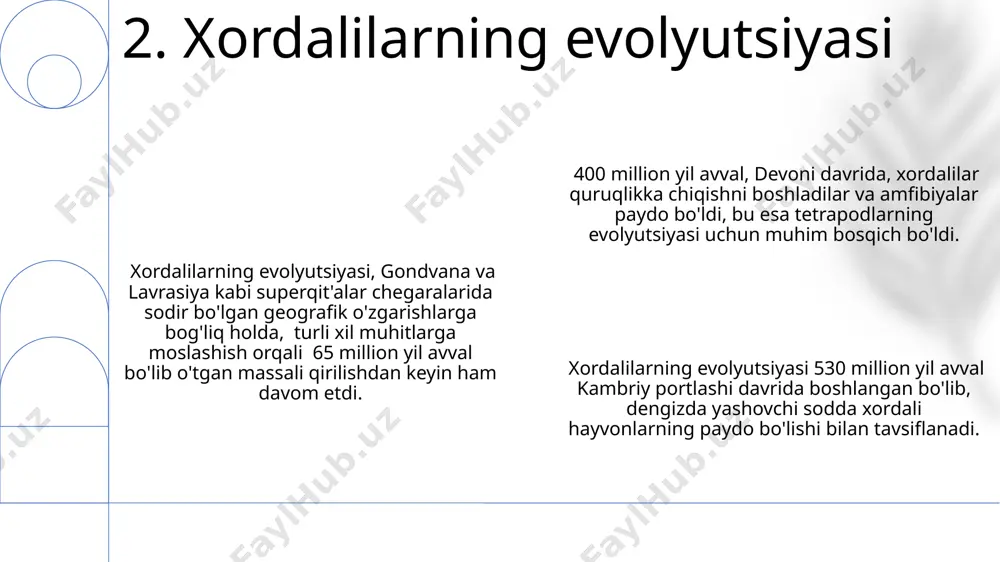 ordalilar, masalan, ascidialar, lichinkali bosqichida aniq xorda va 4 juft gill yoriqlari mavjud bo'lib, kattalarda esa bu tuzilmalar regressiyaga uchraydi, ularning ko'pchiligi 30 metr chuqurlikdagi tropik va subtropik suvlarida yashaydi. o'rta dengiz va atlantika okeanining qirg'oq zonalarida uchraydigan qurtsimon xordalilarning ayrim turlari, filtrlanish orqali oziqlanadi va suv ustunidan organik moddalarni ajratib oladi, kuniga 10 litrgacha suv filtratsiyasi qiladi. 10. qurtsimon xordalilar ba'zi qushlar, masalan, arktika qutbli bo'rini, 10 000 kilometrdan ortiq masofani migratsiya davrida bosib o'tadilar, bu esa ularning ajoyib navigatsiya qobiliyatini ko'rsatadi. qushlarning 12 000 dan ortiq turi mavjud bo'lib, ularning aksariyati tropik mintaqalarda, masalan, amazon o'rmonlari va indoneziya arxipelagida yashaydi. qush skeleti havo bilan to'lgan suyaklar tufayli juda yengil, bu ularga uchishda yordam beradi. masalan, ko'k qanotli qushning suyaklari umumiy og'irligining 5% dan kamini tashkil qiladi. 11. qushlar dengiz sutemizuvchilari, masalan, 50 ga yaqin delfin turi, okeanlardagi fitoplankton miqdorini nazorat qilishda ishtirok etadi va bu butun dunyo bo'ylab …