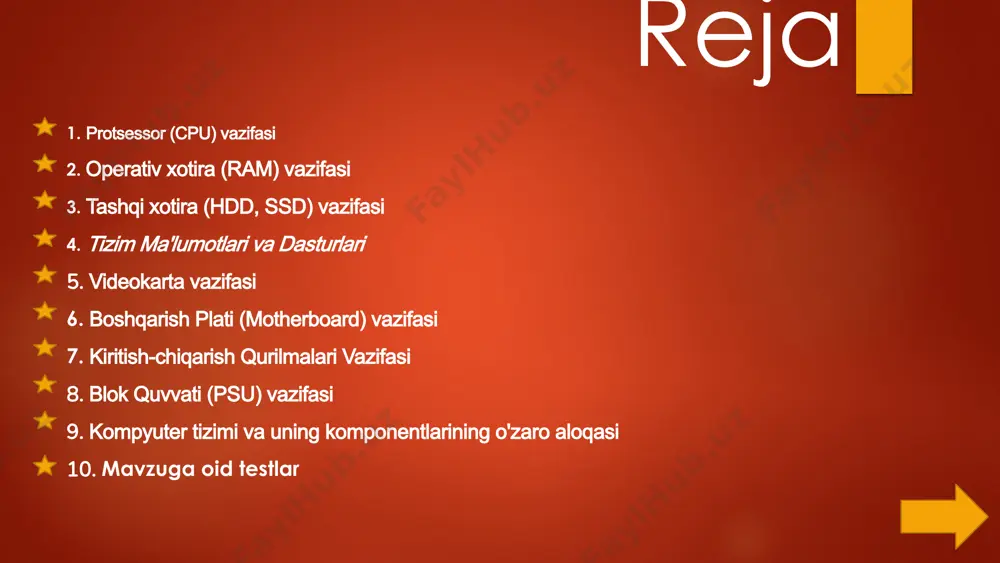 tizim ma'lumotlari va dasturlari 6 1 4 3 2 operatsion tizim masalan, windows, macos yoki linux. 7 1 4 3 2 dasturlar masalan, microsoft word, google chrome, adobe photoshop. 8 1 4 3 2 qurilma haydovchilari masalan, printer, sichqoncha, klaviatura haydovchilari. 9 1 4 3 2 tizim sozlamalari masalan, ekranga, ovozga va tarmoqqa tegishli sozlamalar. 10 videokarta vazifasi rasmni chiqarish videokarta kompyuterda ko'rishingiz mumkin bo'lgan barcha rasmlarni, videolarni va o'yinlarni chiqarish uchun mas'ul. o'yin ishlashi videokarta o'yinlarning yuqori tezlikda va sifatli ishlashini ta'minlaydi. 11 boshqarish plati (motherboard) vazifasi komponentlarni birlashtirish boshqarish plati barcha kompyuter komponentlarini birlashtiradi, ular o'rtasidagi aloqani ta'minlaydi. ma'lumotlar uzatish u cpu, ram, hdd/ssd, videokarta va boshqa qurilmalar o'rtasida ma'lumotlar almashinuvini ta'minlaydi. kengaytirish imkoniyatlari boshqarish plati turli xil kengaytirish kartalari, masalan, tarmoq kartalari va ovoz kartalari uchun joylarga ega. 12 kiritish-chiqarish qurilmalari vazifasi klaviatura matn kiritish, buyruqlar berish va dasturlarni boshqarish uchun ishlatiladi. sichqoncha ekranda kursorni boshqarish, fayllarni …