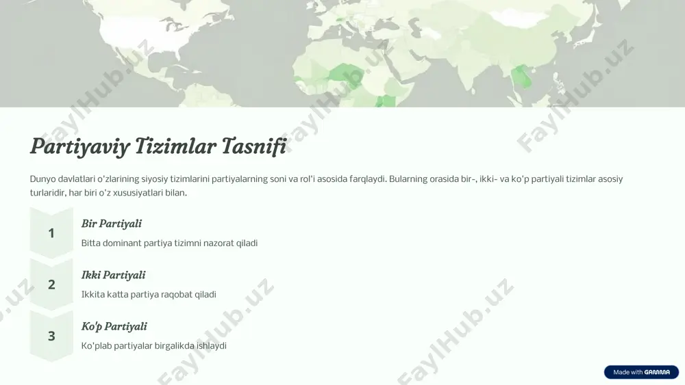 onentlari. bir-, ikki- va ko'p partiyali tizimlarning har biri o'z afzalliklari va nuqsonlariga ega. kelajakda partiyaviy tizimlar demokratiya, fuqarolik ishtiroki va jamiyatning barqarorligi ta'minlash orqali rivojlanib boriladi. demokratiya partiyalarning raqobati demokratiklashtirish yo'lidir barqarlik tizimning to'g'ri tuzilishi ijtimoiy barqarorlikni ta'minlaydi kelajak partiyalar jamiyatning o'zgaruvchan ehtiyojlariga javob berishlari kerak 10 image1.png image2.png image3.png image4.png image5.png image6.png image7.png image8.png image9.png image17.png image18.png image19.svg image10.png image11.png image12.png image13.svg image14.png image15.png image16.svg image20.png image21.png image22.png image23.png