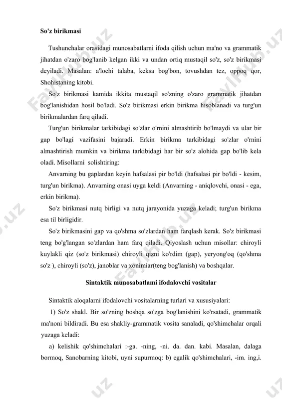ngiz; men oldim; biz o'qidik; siz keldingiz va boshqalar. 2. yordamchi so'zlar. kelishik qo'shimchalarida o'xshashvazifani bajaradi, otni fe'lga bog'laydi, leksik- grammatik vositasanaladi: a) ko'makchilar - bilan. uchun, kabi, singari, sevinch bilankutmoq bolalar uchun atamoq, tong kabi musaffo; b) bog'lovchilar uyushiq bo'laklar va gaplarni bog'lavdi: 3. so'z tartibi: so'zning sintaktik vazifasi maxsus ko'rsatkichlarbilan ifodalaganda tartib bosh rolni o'ynaydi; masalan, qizil olma(birikma) olma qizil (gap), yaxslii odam (birikma), odam yaxslii (gap). 4.ohang. to'xtamning o'zgarishi birikmaning bog'lanishini o'zgartiradi. masalan: besh bolali (yigitcha besh). bolali yigitcha. otabek akam, muhandis bo'ldi. otabek, akam muhandis bo'ldi. otabek akam muhandis bo'ldi va boshqalar. so'z birikmasining aloqa turlari so'zlar o'zaro ikki xil usul bilan aloqaga kiradi: a) teng bog'lanish; b) tobe bog'lanish. teng bog'lanishda so'zlar bir xil gap bo'lagi bo'lib, sanash ohangi yoki bog'lovchilar yordami bilan birikadi. masalan: bu yil - onalar va bolalar yili. muhayo, surayo, ra'no, muqaddas, ko'zlarni yashnatib kiyibsiz atlas (qo'shiq), kabi gaplardagi onalar va …