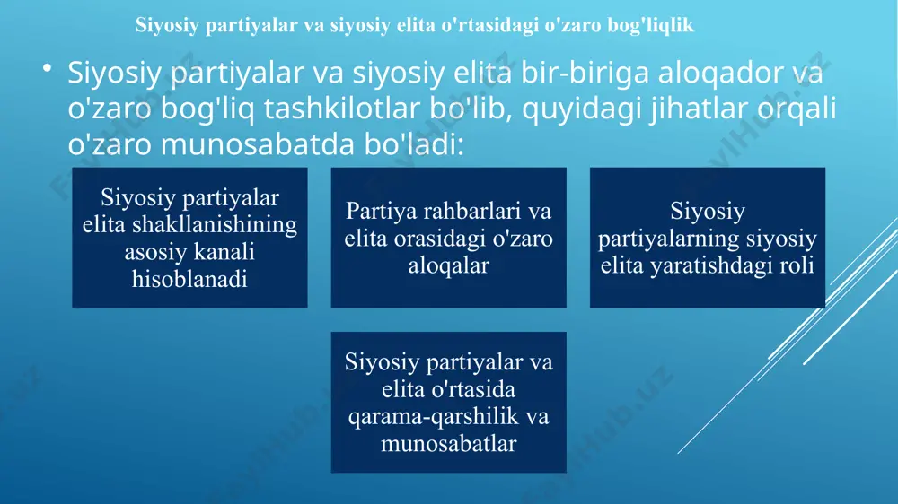 ash, tayyorlash va ularga siyosiy tajriba berish uchun o‘z mexanizmlarini ishlab chiqadi. siyosiy partiyalarning bu roli siyosiy tizimning barqarorligi, demokratik rivojlanishi va ijtimoiy-siyosiy muvozanatni ta'minlashda muhim ahamiyatga ega. siyosiy partiya ichidagi ijtimoiy guruhlar ideologik guruhlar etnik, mintaqaviy va sinfiy guruhlar biznes guruhlari xalq vakillari va ommaviy guruhlar yangi elita shakllanishi siyosiy partiyalarning ijtimoiy qatlamni shakllantirishdagi roli siyosiy kadrlar almashinuvi siyosiy elitani diversifikatsiya qilish partiyaviy raqobat va elita shakllanishi xulosa. siyosiy partiyalar va siyosiy elita rekrutatsiyasi siyosiy tizimlarning samarali ishlashida va jamiyatning siyosiy rivojlanishida muhim rol o'ynaydi. partiyalar, o‘zlarining siyosiy maqsadlarini amalga oshirishda yangi rahbarlarni va siyosiy elita a’zolarini tanlashda, ularni saylov jarayonlari va davlat boshqaruviga tayyorlashda bevosita ishtirok etadi. siyosiy elita rekrutatsiyasi jamiyatning ijtimoiy, siyosiy va iqtisodiy holatiga bog‘liq ravishda doimiy o‘zgarib turadi. shu bilan birga, siyosiy partiyalar va ularning rekrutatsiya jarayonlari jamiyatning siyosiy madaniyati va ehtiyojlariga mos ravishda rivojlanib borishi kerak. bu jarayonlar, oxir-oqibat, siyosiy tizimning barqarorligi, samaradorligi va …
