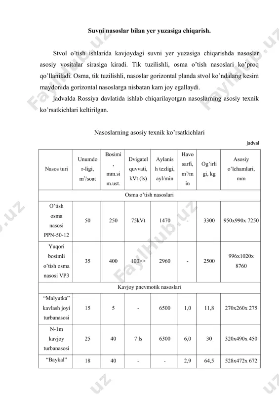 ’ndalang kesim maydonida, stvol atrofi qo’rasi kameralarida joylashtirilishi mumkin. bu joylarda odatda 4nshv-6x4 rusumli ikkita nasos o’rnatiladi. ularning bittasi ishchi, ikkinchisi zaxira nasosi hisoblanadi. oraliq suvni qayta haydash stansiyalarida nasoslarning ishlashi avtomatlashtiriladi. stvollarda odatda ikkita nasos o’rnatiladi: ularning bittasi ishchi, ikkinchisi zaxirada. undan tashqari, yer yuzasida ikkita o’tilayotgan stvol uchun bitta qo’shimcha (zaxira) nasos bo’lishi kerak. nasoslarning unumdorligi stvolga oqib kelayotgan suvning o’rtacha oqimi miqdoriga mos ravishda quyidagi ifoda orqali aniqlanishi mumkin bu yerda: s – suv oqimi miqdorining me’yoriysizlik (bir tekis emaslik) koeffitsiyenti, s=1,3÷1,5; ts-sutka davomiyligi, ts-24soat; tn-sutka davomida bir necha nasoslarning ishlash vaqti tn = 20. rasm. stvollarni o’tishda avtomatlashtirilgan ikki bosqichli nasoslar bilan suvni yer yuzasiga chiqarish sxemasi. adabiyotlar: 1. mirziyoev sh.m. buyuk kelajagimizni mard va olijanob halqimiz bilan birga kuramiz. – t.: “o’zbekiston” nmiu, 2017. – 488 b. 2. городниченко в.ч., дмитриев а.п. основы горного дела. м., изд. "горная книга", 2008 3. чупрунов г.д. технология и …