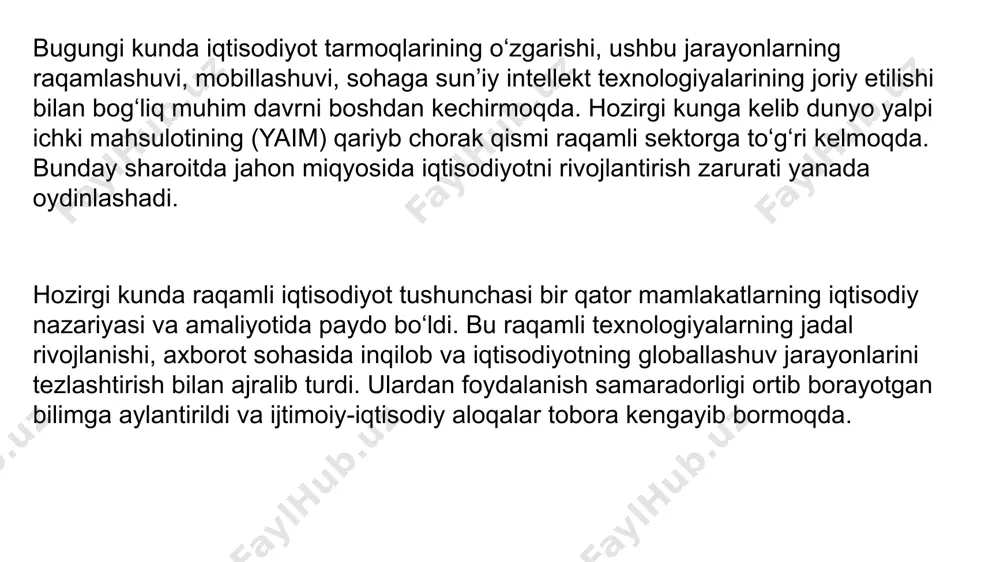 dan dasturiy kod moddasini tashkil etuvchi bitlarni qayta ishlashga o‘tish metaforasidan foydalangan lin margerio(1999) nil leyn(1999) don tapskot(1994) aktdan keng foydalanishga asoslangan iqtisodiyot 1. internet tarmog‘ining kengayishi (tarqalishi). 2. korxonalar o‘rtasida elektron savdo. 3. tovar va xizmatlarni raqamli yetkazib berish. 4. jismoniy tovarlarning chakana savdosi. rob kling va r. lamb(2000) raqamli mahsulotlar va xizmatlar akt sanoati raqamli iqtsodiyot ta’riflari to insert your own icons*: insert >> icons (*only available to office 365 subscribers) www.presentationgo.com © presentationgo.com by: .com yevropa parlamenti tovar va xizmatlar ishlab chiqarish hamda ular savdosida raqamli texnologiyalardan keng foydalanish” cheksiz va uzluksiz o‘sib boruvchi tugunlar soni bilan bog‘liq n-darajali sonlardan tashkil topgan murakkab tuzilma iqtisodiy hamkorlik va taraqqiyot tashkiloti (ihtt) – bir qancha umummaqsadli texnologiyalar jamlanmasi jahon banki bmtning savdo va taraqqiyot bo‘yicha konferensiyasi tub asosi real vaqt rejimida ma’lumotlar almashinuvidir... bu raqamli aktdan foydalanishga asoslangan ijtimoiy-iqtisodiy va madaniy aloqalarning yig‘indisidir. raqamli iqtisodiyotning mohiyati va xususiyatlari raqamli …