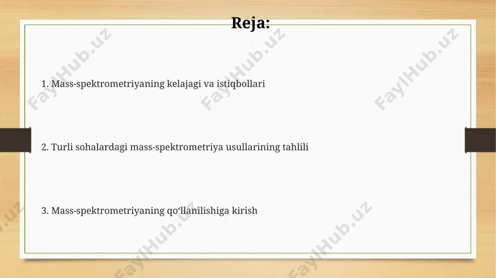 ometriya (ms/ms) texnologiyasi qo'llaniladi, bu esa metabolik jarayonlardagi o'zgarishlarni 95% gacha aniqlik bilan kuzatishga yordam beradi. biomolekulalarni tahlil qilish mass-spektrometriya yordamida oqsillarni identifikatsiyasi va kvantifikatiyasi amalga oshiriladi, bu jarayon 1000 dan ortiq peptidlarni aniqlash imkonini beradi va biomarkyorlarni topishda muhim rol o'ynaydi. lipidlar tarkibini aniqlash uchun gaz xromatografiyasi-mass spektrometriyasi (gc-ms) usuli qo'llaniladi, bu usul 500 dan ortiq turli xil lipidlarni, jumladan, fosfolipidlar va trigliseridlarni aniqlashga imkon beradi. metabolomik tahlillar orqali 1000 dan ziyod metabolitlarni aniqlash va ularning konsentratsiyasini o'lchash mumkin, bu esa kasalliklar diagnostikasi va davolash samaradorligini baholashda qo'llaniladi. mass-analizatorlar magnit sezgirligi yuqori bo'lgan mass-analizatorlar, 10-1000 da oralig'idagi ionlarni yuqori sezgirlik va aniqlik bilan aniqlash imkonini beradi, bu kichik molekulalar va peptidlarni tahlil qilish uchun foydali. yuqori aniqlikdagi mass-analizatorlar, 1 ppm dan kam xatolik bilan ionlarning massasini aniqlash imkonini beradi, bu esa izomerlarni aniqlash va murakkab aralashmalarning tarkibini batafsil tahlil qilishda muhim ahamiyatga ega. mass-analizatorlarning turli xil turlari, masalan, kvadrupol, …