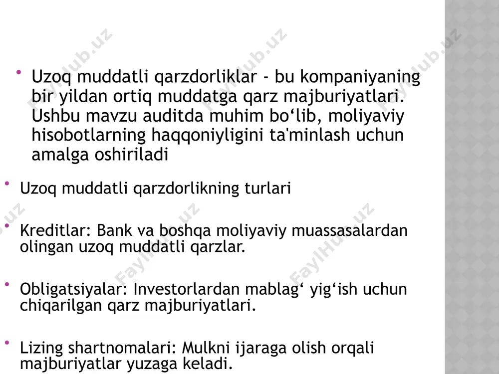 rni to'lashda muammolar yuzaga kelishi mumkinmi? foiz stavkalarining o'zgarishi riski: qarzdorlik foiz stavkalariga bog'liq bo'lsa, foiz stavkalarining o'zgarishi tashkilot uchun qanday ta'sir qiladi? valyuta kursining o'zgarishi riski: agar qarzlar boshqa valyutada bo'lsa, valyuta kursining o'zgarishi qanday ta'sir qiladi? qarz majburiyatlarining kechikishi riski: to'lovlar o'z vaqtida amalga oshirilmasa, kechikishlar va jarimalar yuzaga kelishi mumkin. audit hisobotining tayyorlanishi auditning yakuniy bosqichi audit hisobotini tayyorlashni o'z ichiga oladi. hisobotda quyidagilar bo'lishi mumkin: tashkilotning uzoq muddatli qarzlar bo'yicha tekshiruv natijalari. qarzdorlikning samarali boshqarilishi va to'lanishi uchun tavsiyalar. qarzdorlikni boshqarishda yuzaga keladigan risklarni kamaytirish bo'yicha tavsiyalar. auditni rejalashtirish risklarni aniqlash: uzoq muddatli qarzdorliklar bilan bog‘liq firibgarlik yoki noto‘g‘ri hisobot berish ehtimolini baholash. audit dasturini tuzish: audit jarayonlari va tekshiruv rejasini tuzish. masalan, qarzdorlik hujjatlarini tekshirish jadvalini belgilash. audit jarayoning bosqichlari rejalashtirish: auditni boshlash uchun ma’lumotlarni yig‘ish, risklarni aniqlash ma’lumot yig‘ish: kredit shartnomalari, foiz hisob-kitoblari, obligatsiyalar ro‘yxati. tahlil va hisobot tayyorlash: ma’lumotlarni tekshirish natijalari asosida xulosalar …