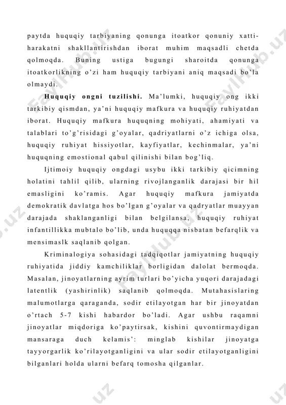 ko’paytirsak, kishini quvontirmaydigan mansaraga duch kelamis’: minglab kishilar jinoyatga tayyorgarlik ko’rilayotganligini va ular sodir etilayotganligini bilganlari holda ularni befarq tomosha qilganlar. jamiyat rivojidagi yangi ijtimoiy- iqtisodiy voqealar kundalik huquqiy ongning bus’ilish sabablari va shart-sharoitlarini (huquqqa nisbatan salbiy va iste’molchilik munosabatlari, shahsning huquqqa hilof yo’nalishlarining motivlari, jamiyatga qarshi hatti-harakat stereotiplarning shakllanishining) aniqlashning s’arurligini taqas’o etadi. mazkur vazifani bajarish fanning, birinci navbatda, huquqsunoslikning eng muhim maqsadidir. bizningcha, ushbu hadisalarning hammasini totalitar tuzum merosiga taalluqli deb isoblash mumkin emas, bus’ilgan huquqiy ong mambalarini ob’ektiv voqealikdan qidirish s’arur. bayon etilinganlarga qisqacha hulosa qilib aytsh mumkinki, aholining huquqiy ongi huquqiy pisihalogiyaning davlat tashviq qilayotgan huquqiy mafkuradan keskin orqada qolayotganligi, huquqiy davlatga hos bulgan huquqiy goyalar va prinstiplarning kundalik ong huquqiy nigilis’imidan keskin farq qilishi bilan ajralib turadi. huquqiy ongdagi bunday ahvolning sabablari huquqiy tis’m doirasi bilan cheklanib qolmaydi, balki iqtisodiy, ijtimoiy hamda boshqa ob’ektiv va sub’ektiv omillar bilan belgilanadi. biroq huquqiy ong o’zgarmay qolmaydi, u …