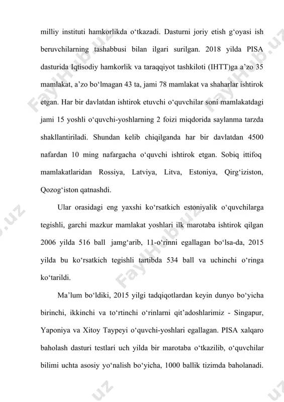 arni hal qilish usulini tanlash uchun matematikaning qaysi bо‘limiga murojaat qilish haqida kо‘rsatmalar yо‘q. pisa topshiriqlari (matnli, rasmli, diagramma va jadvallar, real bog‘lanish grafikalari) turli shakllarda taklif qilinadi. ularni matematik tilga о‘girish va yechim topilgandan sо‘ng uni yana real sharoit bilan bog‘lab baholash hamda sharhlash talab qilinadi. bizdagi matematika darsliklarida standart masalalar beriladi va ular standart usullar yordamida yechiladi. bundan kо‘rinib turibdiki, pisa dasturida mantiqiy fikrlash asosiy о‘ringa kо‘tariladi. masalan, о‘quvchi matnda "aylana" sо‘ziga duch kelinmasa-da, aynan mazkur obyekt haqida sо‘z borayotganini anglab yetishi lozim. demak, birinchi navbatda matematika darsliklarini о‘quvchi mantiqiy fikrlashiga undaydigan masalalar bilan boyitish vazifasi yuzaga keladi. shuningdek, bizda 130 dan ortiq millat va elat vakillari istiqomat qilishi, ta’lim 7 tilda olib borilishi ham tarjima masalasida qо‘shimcha qiyinchiliklar tug‘dirishi mumkin. · 15 yoshli bolalarning bilim darajasi miqdoriy kо‘rsatkichini adolatli aniqlash va xalqaro miqyos bilan solishtirish imkoni tug‘iladi; · о‘quvchilarning savodxonligi hamda bilimlarini amaliyotda qо‘llash qobiliyatini rivojlantirish bо‘yicha …