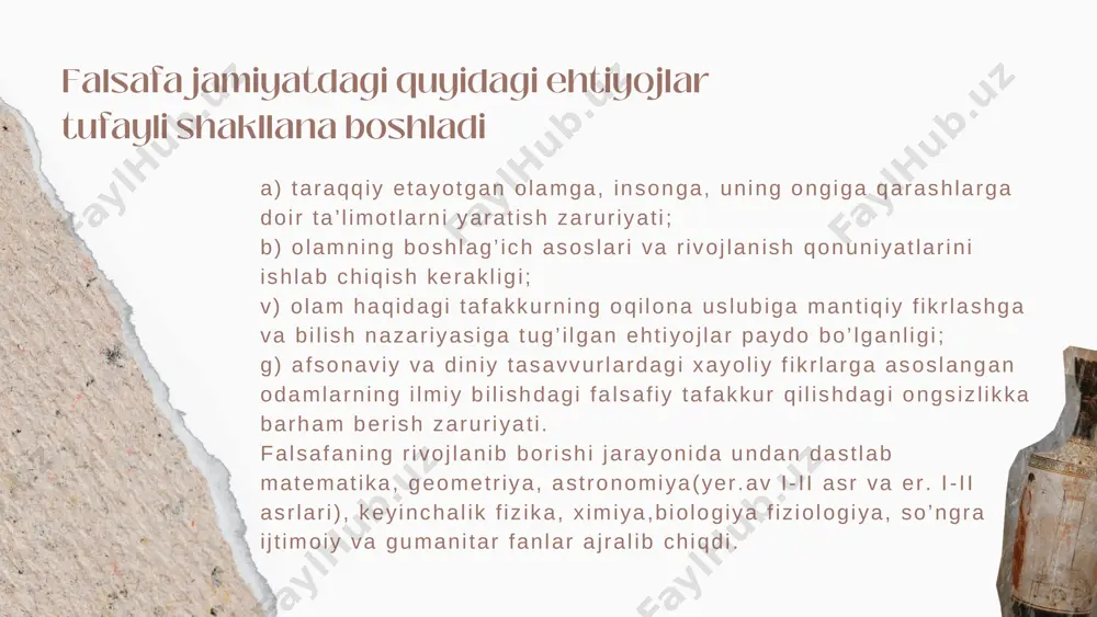 ga ko’ra, o lamning asosin i tashki l etuvchi «tsi», ya’n i beshta unsur — olov, suv, havo, er va yog’och yoki metal l o lamdagi barcha j ismlar asosin i tashki l etadi hamda ularning yuzaga kel ishin i ta ’minlaydi . qarama-qarshi kuchlar o ’ r tas idagi kurash, ya’n i in va yan’ orasidagi munosabat — bizni o ’ rab turgan olamni harakatga kel t i ruvchi kuchlar manbaidi r . in va yan o’ r tas idagi kurash daoni anglatadi . odamzod bu kurash jarayonida doimo yaxshi l ik tomonida tur ishi , o ’z in i qurshab turgan tabiat va atrofdagi o lamga mehr ko’ rsat ishi loz im. bo’ lmasa, dao qonuni buzi ladi va bunday joyda baxts iz l ik , fo j ia yuz beradi . lao-tszi falsafiy qarashlari. qadimgi hindistonda falsafiy qarashlar. veda qadimgi hindiston ham insoniyat madaniyat in ing beshik …