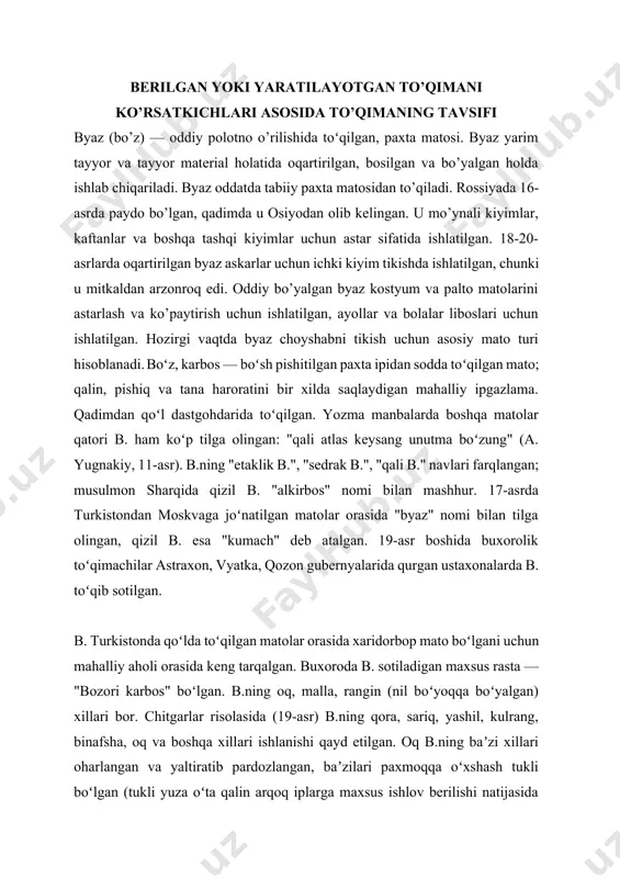 i drepr (aqsh), omita s (italiya), eliteks (chexoslovakiya) firmalari ham mikromokili dastgohlar ishlab chiqaradi. stb dastgohlari tig’ bo’yicha eni 180, 220, 250, 280, 330 sm ni tashkil etadi va ikki, to’rt rangli priborlari bilan zavodda ishlab chiqariladi. stb2-180 da 2 raqami rangni bildiradi. texnik to’qimalarni to’qish uchun stbt dastgohlari ishlab chiqariladi. jadvalda zultser dastgohiga texnik tavsif keltirilgan: ko’rsatkichlar r zultser ishchi eni;sm 250 bosh valning aylanishlar soni min 320 arqoq ipi ranglar soni 1-6 to’quv g’altagi gardish diametri. 0,83-181.5 garbit o’lchami.mm uzunlik ,kenglik ishchi eni plyus 4500 1875 elektr yurituvchi quvvat ,kvt 2.6-3,3 to’qimaning texnik hisobi. homashyo tasnifi berilgan: 1. xom to’qima eni bx =180 sm 2. tayyor to’qima eni bt = 166,5 sm 3. tanda ipining chiziqli zichligi tt = 25 4. arqoq ipining chiziqli zichligi ta = 25 5. tanda iplarining soni 10 sm da pt, ip =250ta 6. arqoq iplarining soni 10 sm da pa, ip = …