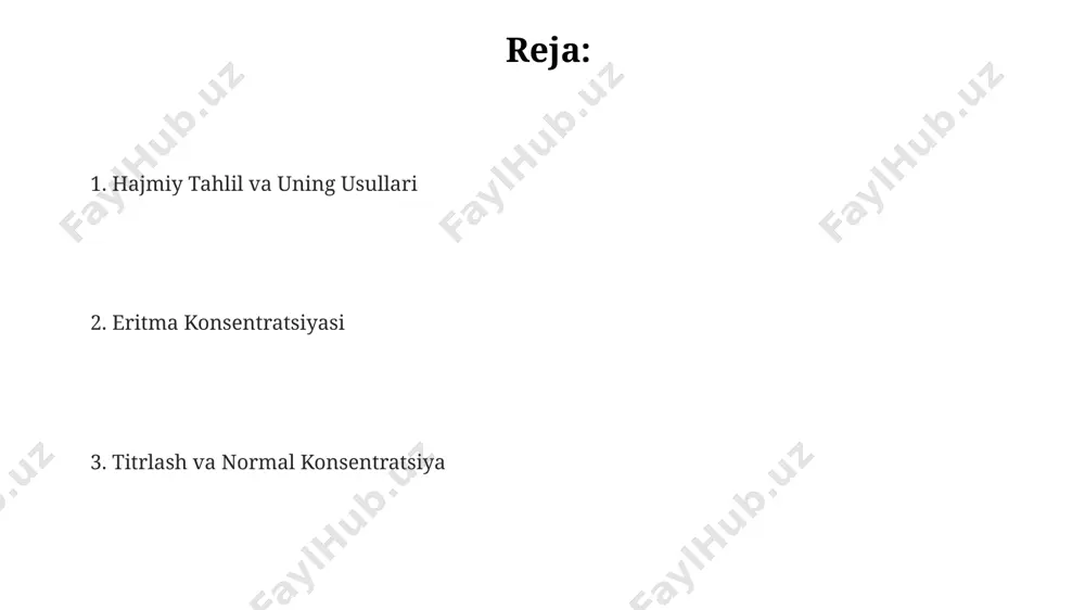 . kompleksometrik titrlashda indikator sifatida xrome tosh qora (eriochrom black t) kabi rang o'zgartiruvchi moddalar ishlatilib, titrlash nuqtasini aniqlash uchun 1-2 tomchi qo'shiladi, bu esa aniqlikni ta'minlaydi. oksidlanish-qaytarilish titrlash oksidlanish-qaytarilish titrlash usuli yordamida, andijon viloyatida ishlab chiqarilgan vino tarkibidagi sulfitlarni aniqlash uchun 0.01 n yod eritmasidan foydalaniladi, bu esa 10 mg/l gacha bo‘lgan aniqlikni ta’minlaydi. 25 ml temir(ii) sulfat eritmasini titrlash uchun taxminan 15-20 ml 0.05 n kaliy dixromat eritmasi sarflanadi, bu esa namunadagi temir(ii) miqdorini aniqlash imkonini beradi, bu hisob-kitoblar toshkent shahridagi o‘quv qo‘llanmalarida keltirilgan. oksidlanish-qaytarilish titrlashida, masalan, 0,1 n kaliy permanganat eritmasi yordamida temir(ii) ionlarini aniqlashda, samarqanddagi kimyo laboratoriyalarida standart usul sifatida qo‘llaniladi va titrlash natijalari 98-99% aniqlik bilan olinadi. normal konsentratsiyaning hisobi agar 50 ml noma'lum konsentratsiyali h2so4 eritmasini neytrallash uchun 25 ml 0.1 n naoh eritmasi sarflangan bo'lsa, unda h2so4 ning normal konsentratsiyasi 0.05 n ga teng bo'ladi. bu reaksiya buxoroda amalga oshirilgan tajriba natijasidir. normal …