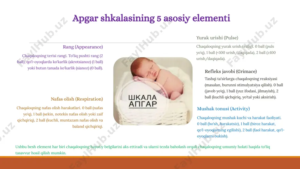 asfiksiyasi aniqlanganda tezkor tibbiy yordam va neonatal reanimatsiya chaqaloqning hayotini saqlab qolish va uzoq muddatli asoratlarni kamaytirish uchun juda muhimdir. monitoring tug‘ruq paytida ona va chaqaloqning holatini doimiy nazorat qilish (monitoring) asfiksiyani erta aniqlash va uning oldini olishda asosiy omillardan biridir. 10 apgar shkalasidan foydalanish amaliyoti 1 majburiy baholash barcha yangi tug‘ilgan chaqaloqlarga tug‘ilishdan keyingi 1 va 5 daqiqalarida apgar ballari beriladi. bu standart amaliyot bo‘lib, chaqaloqning umumiy ahvolini tez baholashga imkon beradi. 2 takroriy baholash agar chaqaloqning 5 daqiqadagi apgar balli past (odatda 7 dan past) bo‘lsa, u holda keyingi har 5 daqiqada (20 daqiqagacha) qo‘shimcha baholashlar o‘tkazilishi tavsiya etiladi. bu chaqaloqning ahvoli qanday o‘zgarayotganini kuzatishga yordam beradi. 3 tibbiy jamoaning qarorlari apgar ballari tibbiy jamoaga chaqaloqqa qanday tibbiy yordam kerakligini tezda aniqlashga yordam beradi. yuqori ballar odatda oddiy parvarish yetarli ekanligini bildiradi, past ballar esa shoshilinch aralashuv zarurligini ko‘rsatadi. 4 hujjatlashtirish apgar ballari har doim chaqaloqning tibbiy kartasiga …