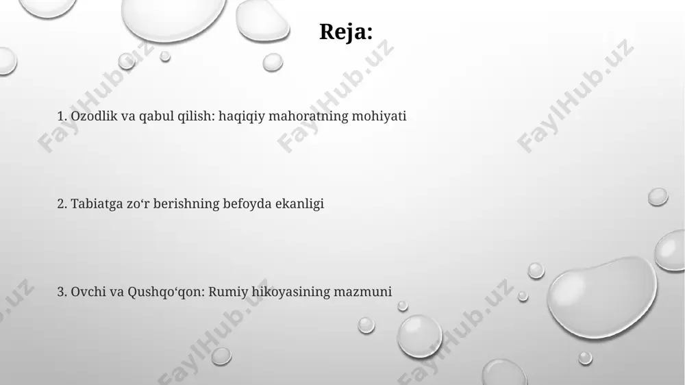namoyon etadi. o'qchining niyati va maqsadi ovchi, burgutni 7 kun davomida qafasda ushlab turganidan so'ng, uning ozodlikka bo'lgan ehtiyojini va tabiiy xulq-atvorini anglab yetdi. ovchining asosiy niyati, bo'rilarni ovlash uchun burgutni o'qitish va uni 2-3 oy ichida jangovar tayyor holatga keltirish edi, ammo bu rejasi muvaffaqiyatsiz tugadi. burgutning qochishga bo'lgan 3 ta urinishi va ovchining uni qayta qo'lga olishga bo'lgan 5 ta urinishi, insonning tabiatga qarshi kurashishdagi zaifligini ko'rsatadi. erkinlikning ahamiyati erkinlik, insonning 5 ta asosiy huquqidan biri sifatida, uning shaxsiy rivojlanishi va jamiyatdagi faol ishtiroki uchun muhim ahamiyatga ega. rumiyning hikoyasida, qushning 3 kunlik qamoqdan keyin ozod qilinishi, erkinlikka bo'lgan intilishning kuchini va uning qadr-qimmatini ko'rsatadi. individualizm tamoyiliga asoslanib, har bir insonning o'ziga xos xususiyatlarini hurmat qilish va 100% erkinlikni ta'minlash, jamiyatning taraqqiyoti uchun muhim. shaxsiyatga hurmat va qadr laylakning o’ziga xos tabiati, 20 dan ortiq kun davomida ovchining sa’y-harakatlariga qaramasdan, ozodlikka bo’lgan intilishini yaqqol ko’rsatadi. hikoya, individualizmning ahamiyatini, …