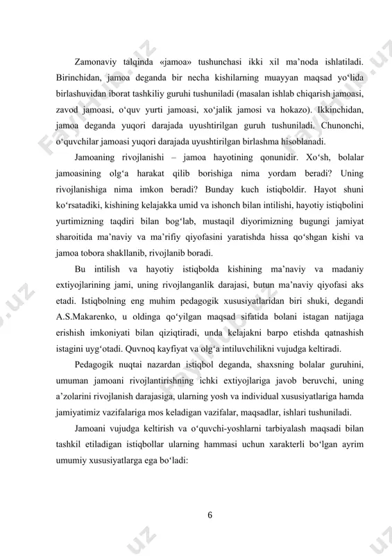 bilan tashkil etiladigan istiqbollar ularning hammasi uchun xarakterli boʻlgan ayrim umumiy xususiyatlarga ega boʻladi: 1. bevosita bolalarning qiziqishiga hamda vazifani bajarish uchun birgalikda jamoa boʻlib kurash olib borishning quvonchli manzarasiga asoslangan ishlarning maroqli boʻlishi; 2. ishlarning iijtimoiy foydali qiymati va ularning butun xalqimiz olib borayotgan kurash bilan bogʻliqligi; 3. istiqbol uchun kurashning borishini aniq tashkil etish; 4. oʻquvchi-yoshlarda konkret axloqiy sifatlarni tarbiyalashda pedagogik maqsadga muvofiqlik. har xil istiqbollarni tashkil etishdagi asosiy metodik usul bolalarni birorta istiqbolga erishish uchun kurashga tayyorlashdan iboratdir. bu tayyorgarlikka ish rejalari, loyihalar va boshqalarni muhokama qilish kiradi. soʻngra istiqbol sari harakat qilishga yordam beradigan amaliy ish bajarilishi lozim. bu ish jamoani tashkil etish va jipslashtirish jarayonidagi eng muhim bosqichlaridan biridir. shunga erishish kerakki, barcha yoshlar umumiy faoliyatda ishtirok etsin va bu ishtirok etish faol, ijobiy xarakterga ega boʻlsin. topshiriqlarni jamoaning barcha a’zolari oʻrtasida toʻgʻri taqsimlash bolalarni qiziqarli ishlarni bajarishga jalb qilishning asosiy yoʻlidir. bolalarning aql-idroki emas, …