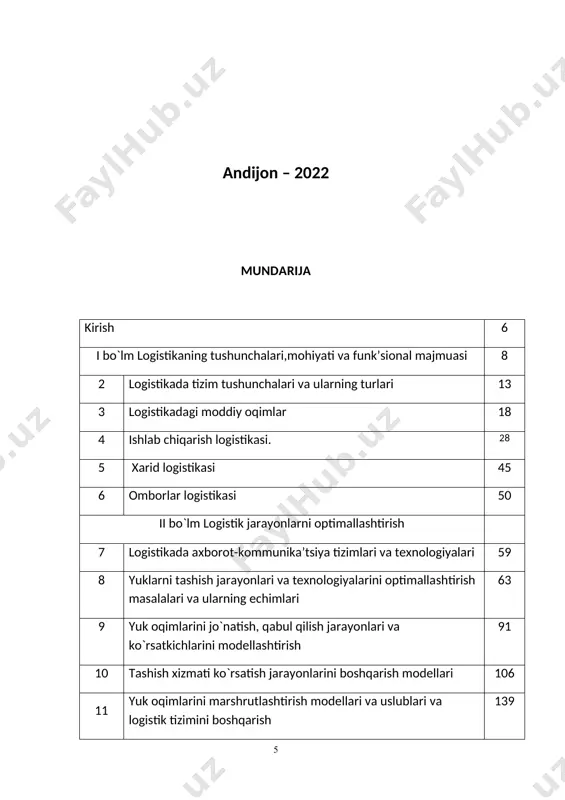 ashtirish tizimini ishlab chiqish. shunday qilib, ma'lumot-ma'lumot bazalari va tegishli dasturiy ta'minot paketlarini yaratmasdan, hisob-kitoblarni aniqlashtirish va eng istiqbolli yo'nalish - logistika tizimlarida biznes-jarayonlarni loyihalashtirish mumkin emas. xulosa qilib, quyidagi mavzular logistika-i fani uchun asos qilib olindi: i bo`lm lоgistikаning tushunchalari,mohiyati va funk’sional majmuasi: lоgistikаda tizim tushunchalari va ularning turlari; lоgistikаdаgi mоddiy оqimlаr; ishlаb chiqаrish lоgistikаsi; xаrid lоgistikаsi; ombоrlаr lоgistikаsi ii bo`lm logistik jarayonlarni optimallashtirish: lоgistikаdа ахbоrоt-kоmmunikа’tsiya tizimlаri vа tехnоlоgiyalаri;yuklаrni tаshish jаrаyonlаri vа tехnоlоgiyalаrini оptimаllаshtirish mаsаlаlаri vа ulаrning еchimlаri; yuk оqimlаrini jo`nаtish, qаbul qilish jаrаyonlаri vа ko`rsаtkichlаrini mоdеllаshtirish; tаshish хizmаti ko`rsаtish jаrаyonlаrini bоshqаrish mоdеllаri; yuk оqimlаrini mаrshrutlаshtirish mоdеllаri vа uslublаri vа lоgistik tizimini bоshqаrish; yo`lоvchilаrgа trаnspоrt хizmаti ko`rsаtishning lоgistik tizimini bоshqаrish bo`lib 5620100– tashishni tashkil etish va transport logistikasi (avtomobil’ transporti) yo`nalishidagi talabalari uchun ii-qism iii-bo‘lim.yuklarni tashishda transport logistikasi 14-bob transport xizmati uchun logistika tizimlari tayanch so‘zlar: transport xizmatlari, yuklarni yetkazish modeli, kirishi parametrlari, «chiqish» parametrlari, "raqamli transport logistikasi", 14.1.transport …