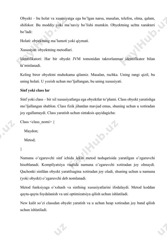" " + ism); } public static void main(string[] args) { talaba talaba = new talaba(); talaba.qiymatyuklash(2, "aziz"); talaba.chopetish(); // 1 husan } } konstruktor haqida keyingi darslarimizda o’rganamiz. quyida sinf va obyektlar ishtirokida bank akkountga doir kod yozamiz. uni yaxshi tahlil qilishga harakat qiling. class account { int akkountraqami; string akkountismi; float pulmiqdori; void qiymatberish(int a, string n, float amt) { akkountraqami = a; akkountismi = n; pulmiqdori = amt; } void deposit(float amt) { pulmiqdori = pulmiqdori + amt; system.out.println(amt + " depozit qo'shildi"); } void pulyechish(float amt) { if (pulmiqdori < amt) { system.out.println("balans kam"); } else { pulmiqdori = pulmiqdori - amt; system.out.println(amt + " pul yechildi"); } } void balansnitekshirish() { system.out.println("balans: " + pulmiqdori); } void chopetish() { system.out.println(akkountraqami + " " + akkountismi + " " + pulmiqdori); } public static void main(string[] args) { account a1 = new account(); a1.qiymatberish(832345, "anvar", 1000); …