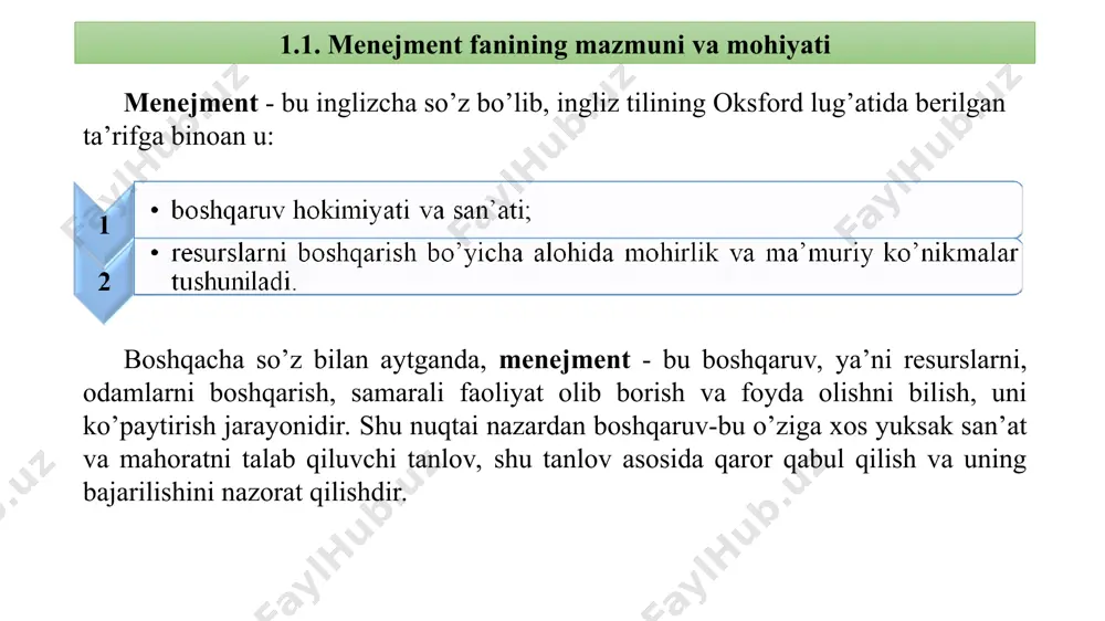 aruv obyekti bo’lib kishi, shaxs hisoblanadi. boshqarish ishini bajaruvchi idoralar va ularning rahbarlari menejmentning subyekti, ya’ni boshqaruv organlari yoki menejerlar-boshqaruvchilar bo’lib hisoblanadi. shu nuqtai nazardan obyekt va subyektlarni quyidagicha tavsiflash mumkin (1-jadval). 1-jadval. menejment obyekti va subyekti shunday qilib har qanday hodisa yoki jarayon negizi boshqariladigan obyekt va boshqaruvchi subyekt tizimlaridan tashkil topadi. menejment № obyekti (boshqariluvchi hodisa, voqyelik) subyekti (boshqaruv organi, rahbarlik) 1 2 3 i. makrodarajada 1 mamlakat (respublika) - qonun chiqaruvchi hokimiyat (oliy majlis) - ijro yetuvchi hokimiyat (o’zr vazirlar mahkamasi) - sud hokimiyati 2 3 viloyat tuman (shahar) - qqr jo’qarg’i kengashi va viloyat deputatlari - qqr vazirlar kengashi, viloyatlar hokimiyatlari - qqr oliy sudi, viloyatlar sudlari - tuman (shahar) xalq deputatlari - tuman (shahar)lar hokimliklari - tuman (shahar) sudlari ii. megodarajada 4 5 konsern (ko’p tarmoqli korporasiya) sektor (tarmoq) - qo’mitalar va ularning raislar - vazirliklar va vazirlar iii. mikrodaraja 6 7 8 9 10 …