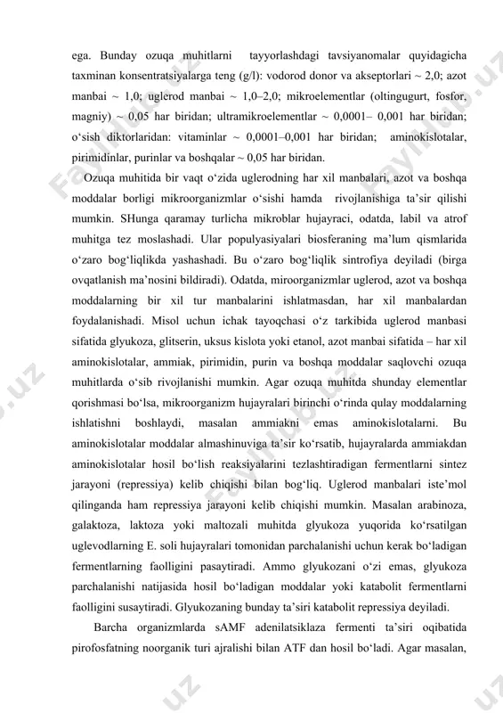 o‘rinda qulay moddalarning ishlatishni boshlaydi, masalan ammiakni emas aminokislotalarni. bu aminokislotalar moddalar almashinuviga ta’sir ko‘rsatib, hujayralarda ammiakdan aminokislotalar hosil bo‘lish reaksiyalarini tezlashtiradigan fermentlarni sintez jarayoni (repressiya) kelib chiqishi bilan bog‘liq. uglerod manbalari iste’mol qilinganda ham repressiya jarayoni kelib chiqishi mumkin. masalan arabinoza, galaktoza, laktoza yoki maltozali muhitda glyukoza yuqorida ko‘rsatilgan uglevodlarning e. soli hujayralari tomonidan parchalanishi uchun kerak bo‘ladigan fermentlarning faolligini pasaytiradi. ammo glyukozani o‘zi emas, glyukoza parchalanishi natijasida hosil bo‘ladigan moddalar yoki katabolit fermentlarni faolligini susaytiradi. glyukozaning bunday ta’siri katabolit repressiya deyiladi. barcha organizmlarda samf adenilatsiklaza fermenti ta’siri oqibatida pirofosfatning noorganik turi ajralishi bilan atf dan hosil bo‘ladi. agar masalan, e. soli hujayralarining o‘sishi uglerod va energiya manbasi bilan chegaralangan bo‘lsa, ularda samf miqdorining yuqoriligi kuzatiladi, agar muhitda glyukoza bo‘lsa – samf miqdori past bo‘ladi. e. soli hujayralarida samf – bak kompleksi hujayra xromosomasidagi laktoza operonining (las - operoni) transkripsiyasini nazorat qiladi. agar samf – bak kompleksi rnk – …