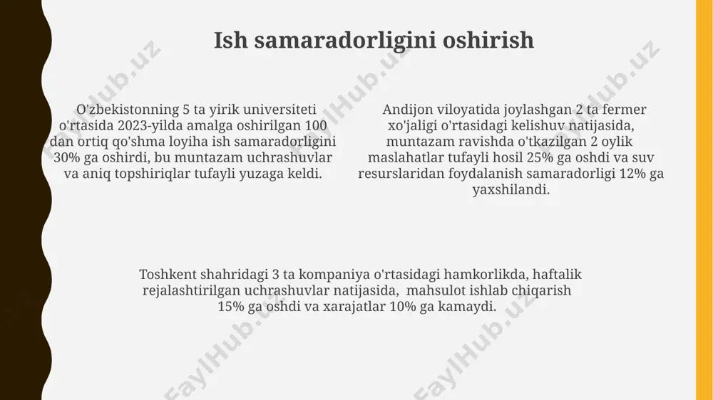'mlik byudjet doirasida 3 ta innovatsion loyihani ishlab chiqish va ularning kelajakdagi rivojlanishini muhokama qilish. 2024-yilning birinchi choragida qo'qonda o'tkaziladigan xalqaro konferensiyada taqdimot qilish va 50 dan ortiq ishtirokchi bilan kelajakdagi tadqiqotlarni muhokama qilish. ishonch va hurmatni qozonish muhim mijozlar bilan 3 ta muvaffaqiyatli uchrashuvdan so'ng, samarqanddagi biznesmenlar orasida o'tkazilgan so'rovnoma natijalariga ko'ra, hurmat 75% ga ortadi. vaqtinchalik bo'lmagan uchrashuvlarga 90% aniqlik bilan rioya qilish, toshkentdagi 50 ta kompaniya o'rtasida o'tkazilgan tadqiqotga ko'ra, ish beruvchilarning ishonchini 2 barobar oshiradi. o'z vaqtida kelish va tayyorgarlik ko'rish, 100 dan ortiq talaba ishtirok etgan andijon universiteti tadqiqotida, o'qituvchilarning hurmatini va ishonchini 80% ga oshirishga yordam beradi. rejalashtirish va tashkilotchilik muvaffaqiyatli rejalashtirish va tashkilotchilik 20% samaradorlikni oshirishi va 10% vaqtdan tejashga olib kelishi mumkin, masalan, toshkentdagi yirik kompaniyada. rejalashtirish va tashkilotchilik, masalan, 50 talik bir guruh talaba uchun 3 ta turli xil ma'ruza zalini 15:00 dan 17:00 gacha samarqand shahrida band qilishni talab qilishi …