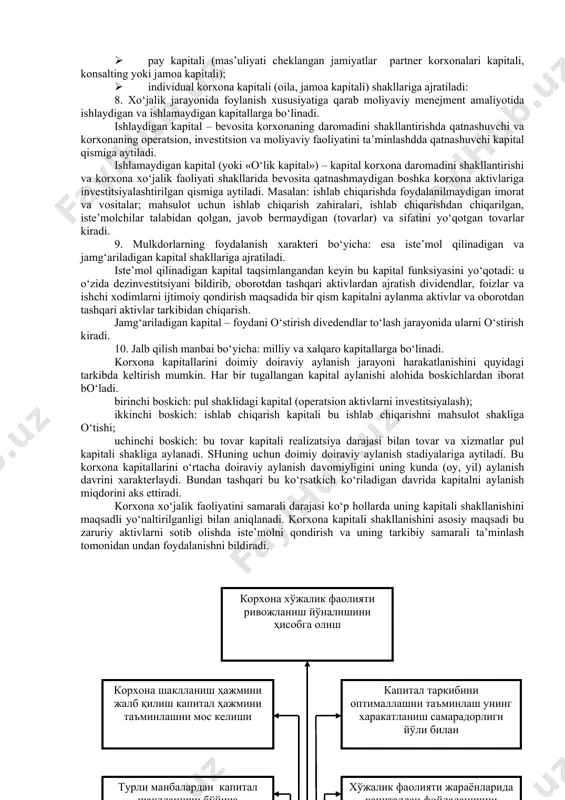 iqtisodiy negiz bo‘lib, kapital o‘zini mavjudligi va harakati jarayonida davlat, mulkdorlar va ishchi xodimlar manfaatlarini ta’minlaydi. moliyaviy menejment yo‘nalishlarida kapital mablag‘lar qiymatini pul, moddiy va nomoddiy shaklda, uning aktivlarini shakllantirishda investitsiyalashtirilganligini xarakterlaydi. korxona kapitalini iqtisodiy mohiyatiga ko‘ra, birinchi navbatda uning quyidagi tavsiflarini ko‘rib o‘tish zarur: 1. kapital korxona ishlab chiqarishini asosiy omili hisoblanadi. iqtisodiy nazariyada ishlab chiqarishni 3 ta asosiy omilini ajratib ko‘rsatish mumkin, korxonalar xo‘jalik faoliyatini ta’minlashda ishlab chiqarish - kapitali; er va boshqa tabiiy resurslar; mehnat resurslari. yagona ishlab chiqarish kompleksida barcha omillarni birlashtiruvchi omil bo‘lib, ishlab chiqarish kapitali muhim o‘rin egallaydi. 2. kapital daromad keltiruvchi korxona moliyaviy resurslarini xarakterlaydi. kapital bu o‘z o‘rnida – ssuda kapitali shaklida ishlab chiqarish omillaridan ajralmagan holda korxonaning daromadini shakllantirishni ta’minlovchi ishlab chiqarish(operatsion) faoliyat emas, balki moliyaviy (investitsiya) faoliyati sohasini belgilaydi. 3. kapital korxonaning mulkdorlarini boyligini shakllantiruvchi bosh asosiy manba hisoblanadi. u bu zaruriy darajada boylikni shakllantirishni joriy va kelajakda ta’minlash uchun …