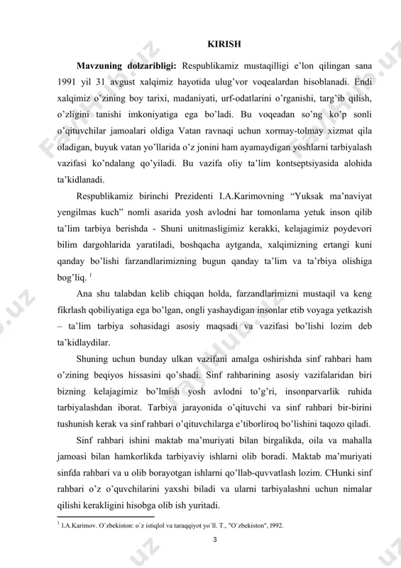 di va vazifasi bo’lishi lozim deb ta’kidlaydilar. shuning uchun bunday ulkan vazifani amalga oshirishda sinf rahbari ham o’zining beqiyos hissasini qo’shadi. sinf rahbarining asosiy vazifalaridan biri bizning kelajagimiz bo’lmish yosh avlodni to’g’ri, insonparvarlik ruhida tarbiyalashdan iborat. tarbiya jarayonida o’qituvchi va sinf rahbari bir-birini tushunish kerak va sinf rahbari o’qituvchilarga e’tiborliroq bo’lishini taqozo qiladi. sinf rahbari ishini maktab ma’muriyati bilan birgalikda, oila va mahalla jamoasi bilan hamkorlikda tarbiyaviy ishlarni olib boradi. maktab ma’muriyati sinfda rahbari va u olib borayotgan ishlarni qo’llab-quvvatlash lozim. chunki sinf rahbari o’z o’quvchilarini yaxshi biladi va ularni tarbiyalashni uchun nimalar qilishi kerakligini hisobga olib ish yuritadi. o’zbekiston respublikasi mustaqilligini mustahkamlash, vatan ravnaqi, xalq farovonligi yo’lida faoliyat olib boruvchi shaxsni tarbiyalash, ularni bu kurashga jalb ettirish orqali amalga oshiriladi. ushbu g’oyaga tayangan holda, tarbiya jarayonida uning qonuniyatlariga muvofiq tarbiya metodlaridan foydalanib ish ko’rish lozim bo’ladi.[footnoteref:2] [2: l.a.karimov. vatan sajdagoh kabi muqaddasdir. - t.,"o`zbekiston", l995.] tarbiya metodlari bu o’qituvchi …