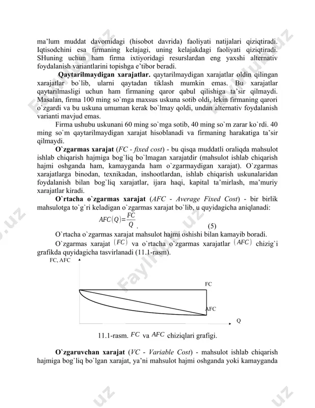 rga tegishli bo`lgan normal foyda. buxgalteriya foydasidan ichki xarajatlarni ayirib tashlasak iqtisodiy foydani olamiz. tashqi va ichki xarajatlarning yig`indisi alternativ yoki iqtisodiy xarajatlarni tashkil qiladi. alternativ xarajatlar, firmaning resurslaridan eng yaxshi variantda foydalanishi bilan bog`liq yo`qotilgan imkoniyatlardir. iqtisodiy xarajatlar firma faoliyatini buxgalter va iqtisodchi tomonidan baholanishni farq qilishga imkon beradi. buxgalterni birinchi navbatda, firmaning ma’lum muddat davomidagi (hisobot davrida) faoliyati natijalari qiziqtiradi. iqtisodchini esa firmaning kelajagi, uning kelajakdagi faoliyati qiziqtiradi. shuning uchun ham firma ixtiyoridagi resurslardan eng yaxshi alternativ foydalanish variantlarini topishga e’tibor beradi. qaytarilmaydigan xarajatlar. qaytarilmaydigan xarajatlar oldin qilingan xarajatlar bo`lib, ularni qaytadan tiklash mumkin emas. bu xarajatlar qaytarilmasligi uchun ham firmaning qaror qabul qilishiga ta’sir qilmaydi. masalan, firma 100 ming so`mga maxsus uskuna sotib oldi, lekin firmaning qarori o`zgardi va bu uskuna umuman kerak bo`lmay qoldi, undan alternativ foydalanish varianti mavjud emas. firma ushubu uskunani 60 ming so`mga sotib, 40 ming so`m zarar ko`rdi. 40 ming so`m qaytarilmaydigan …