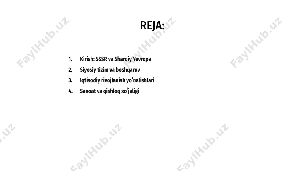 alavha sssr va sharqiy yevropa mamlakatlarida sanoat tez rivojlandi, yangi korxonalar qurildi. temir yoʻllar va energetika tarmoqlari kengaytirildi, urbanizatsiya jarayoni jadallashdi. 1 qishloq xoʻjaligi kollektivlashtirildi, mahsulot yetishtirish oshirildi. yangi texnologiyalar joriy etilib, fermer xoʻjaliklari qoʻllab-quvvatlandi, hosildorlik yuksaldi, oziq-ovqat xavfsizligi taʼminlandi. 3 davlat iqtisodiyotni qatʼiy nazorat qildi, rejali iqtisodiyot olib borildi. innovatsiyalar ragʻbatlantirilib, sanoat va qishloq xoʻjaligi sohalari rivojlanishiga katta eʼtibor qaratildi. 2 texnologik taraqqiyot a sssr va sharqiy yevropa mamlakatlarining texnologik rivojlanishi sanoatning avtomatlashtirilishi, energetika sohasining o‘sishi hamda ilmiy-texnikaviy yutuqlar bilan bog‘liq edi. innovatsiyalar sanoatda jadal o‘sishni ta’minladi. b elektronika va informatizatsiya rivoji ishlab chiqarishning samaradorligini oshirdi. soviet ilmiy markazlari yangi texnologiyalar yaratish, zamonaviy uslublarni joriy etishda muhim rol o‘ynadi. c kosmonavtika va harbiy sanoat taraqqiyoti texnik innovatsiyalarga katta ta’sir ko‘rsatdi. ilmiy tadqiqotlar natijasida yangi materiallar va qurilmalar ishlab chiqildi. sssr va sharqiy yevropa mamlakatlarida madaniyat va ilm-fan rivoji davlat tomonidan qo‘llab-quvvatlandi. ilmiy markazlar barpo etilib, innovatsiyalar yaratildi va tatbiq …
